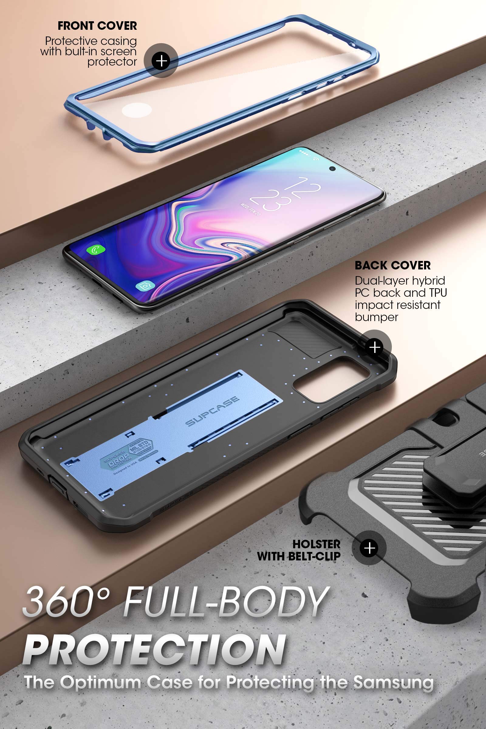SupCase Unicorn Beetle Pro Series Designed for Samsung Galaxy S20 FE Case (2020 Release), Full-Body Dual Layer Rugged Holster & Kickstand Case with Built-in Screen Protector (Slate Blue)