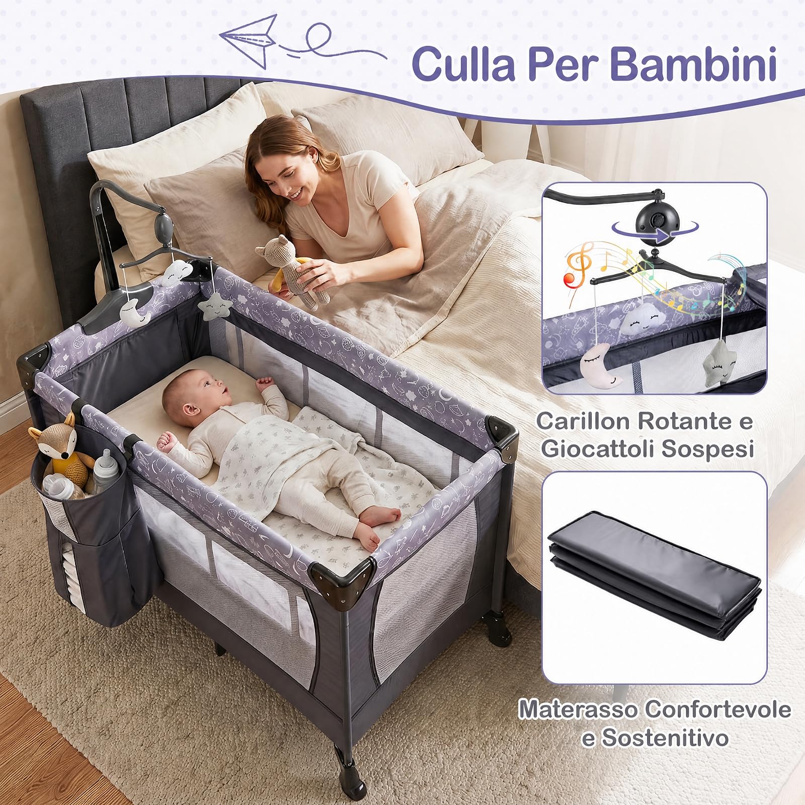 COSTWAY Lettino Pieghevole da Viaggio per Bambini, con Materasso e Ruote | Fasciatoio con Cintura di Sicurezza, Recinto e Tasca Portaoggetti, Lettino con Barra Giocattoli e Scatola Musica, 0-3 Anni