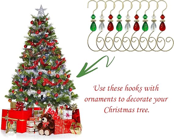 Christmas Ornament Hanger Decoration Iron Hook with Acrylic Jewelry for Christmas Tree,Home Decoration (Gold Hook, Clear Jewelry,36 Pieces) (Red)