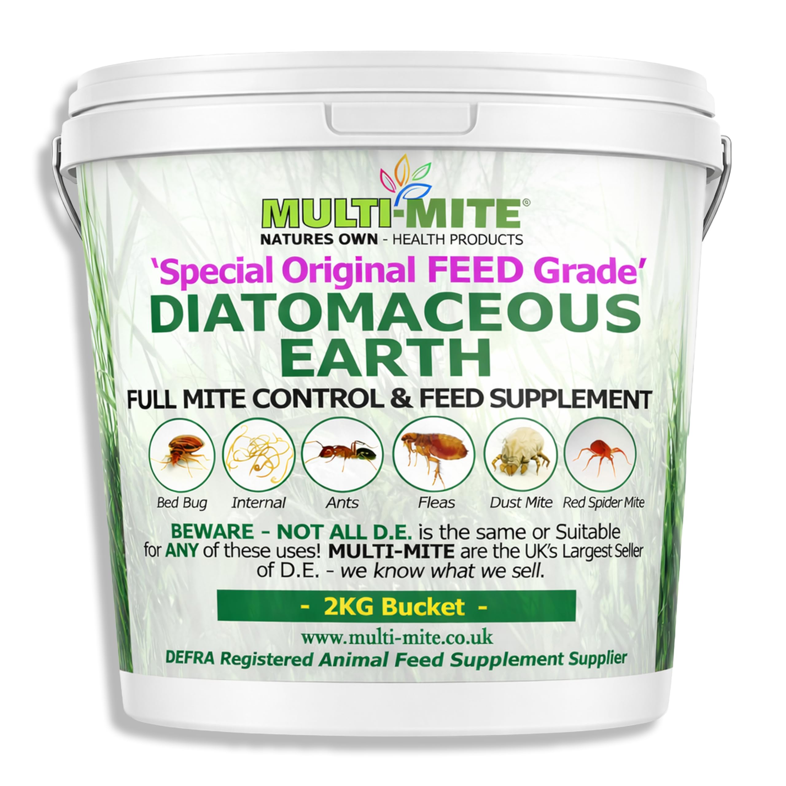 Multi-Mite 2kg Bucket Feed Grade Diatomaceous Earth - Red Mite, Fleas & All Animal Lice Control Powder - 100% Natural Insect Killer Pest Mite Treatment