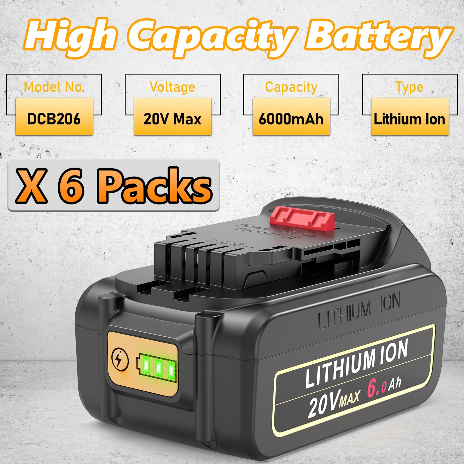PENGJBATTER Paquete de 6 baterías de litio de 20 V 6.0 Ah de repuesto para batería DeWalt de 20 V máximo, alta capacidad compatible con herramientas eléctricas de la serie DCB206 DCB205 DCB208 y DCF