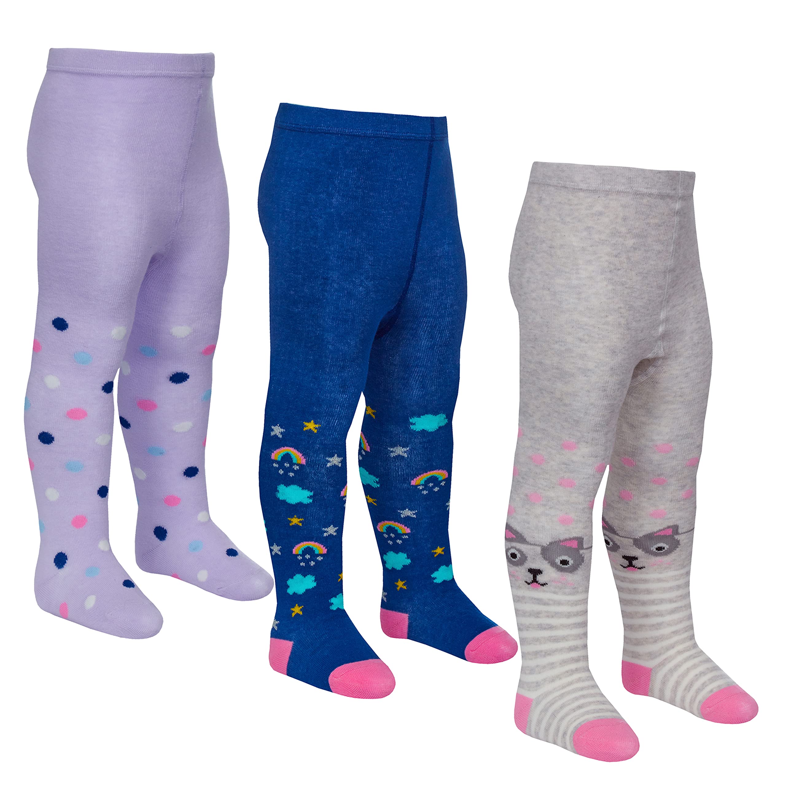 Metzuyan Women's 3 Pairs - Multipack 3 Baby Girl Cotton Rich Tights Dotted Spotted Cat Stripes Rainbow Purple 18-24Months
