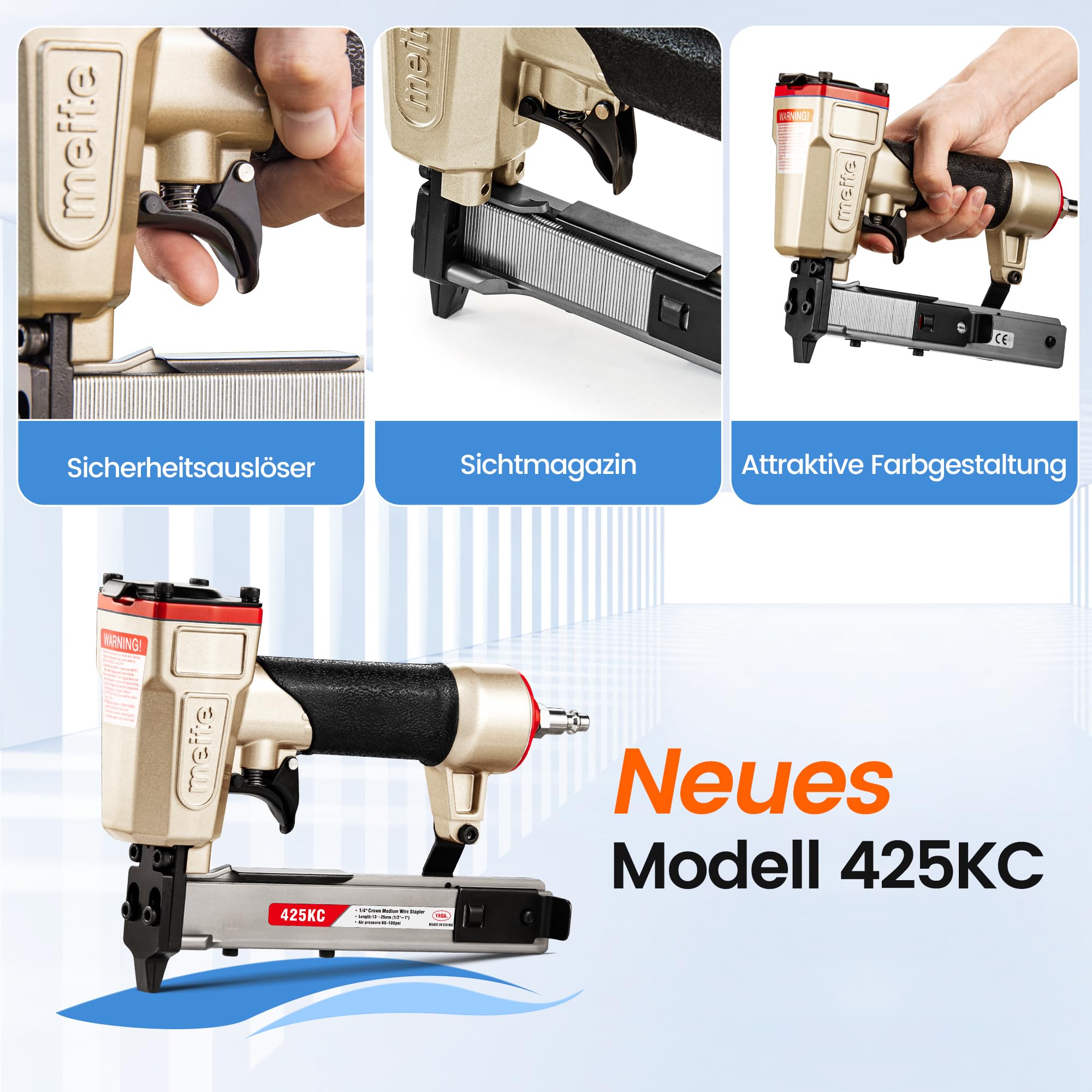 meite 425KC Drucklufttacker 18 GA, für Typ 90 Klammern, 5,7 mm Krone, Drucklufttacker mit Sicherheitsauslöser und Sichtmagazin, für Holzbearbeitung und Innenausbau