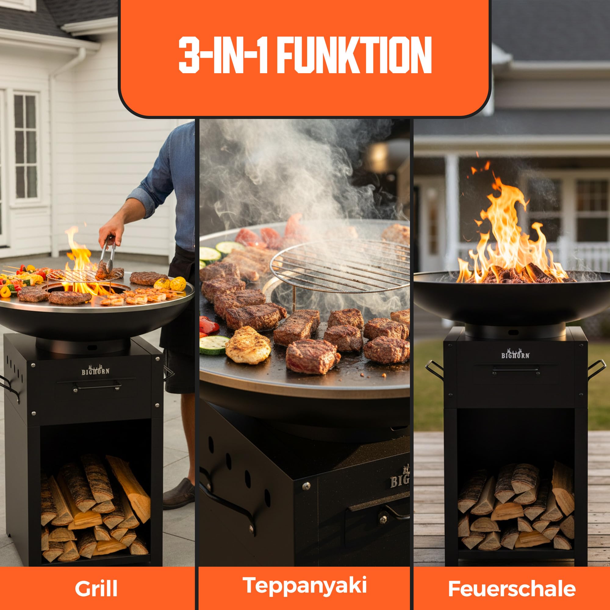 Big Horn Outdoors Plancha Grill, Feuerschale aus Edelstahl mit Teppanyaki 60 cm, Grillplatte, Küche im Freien, Gartenparty, Camping, Kochen im Freien