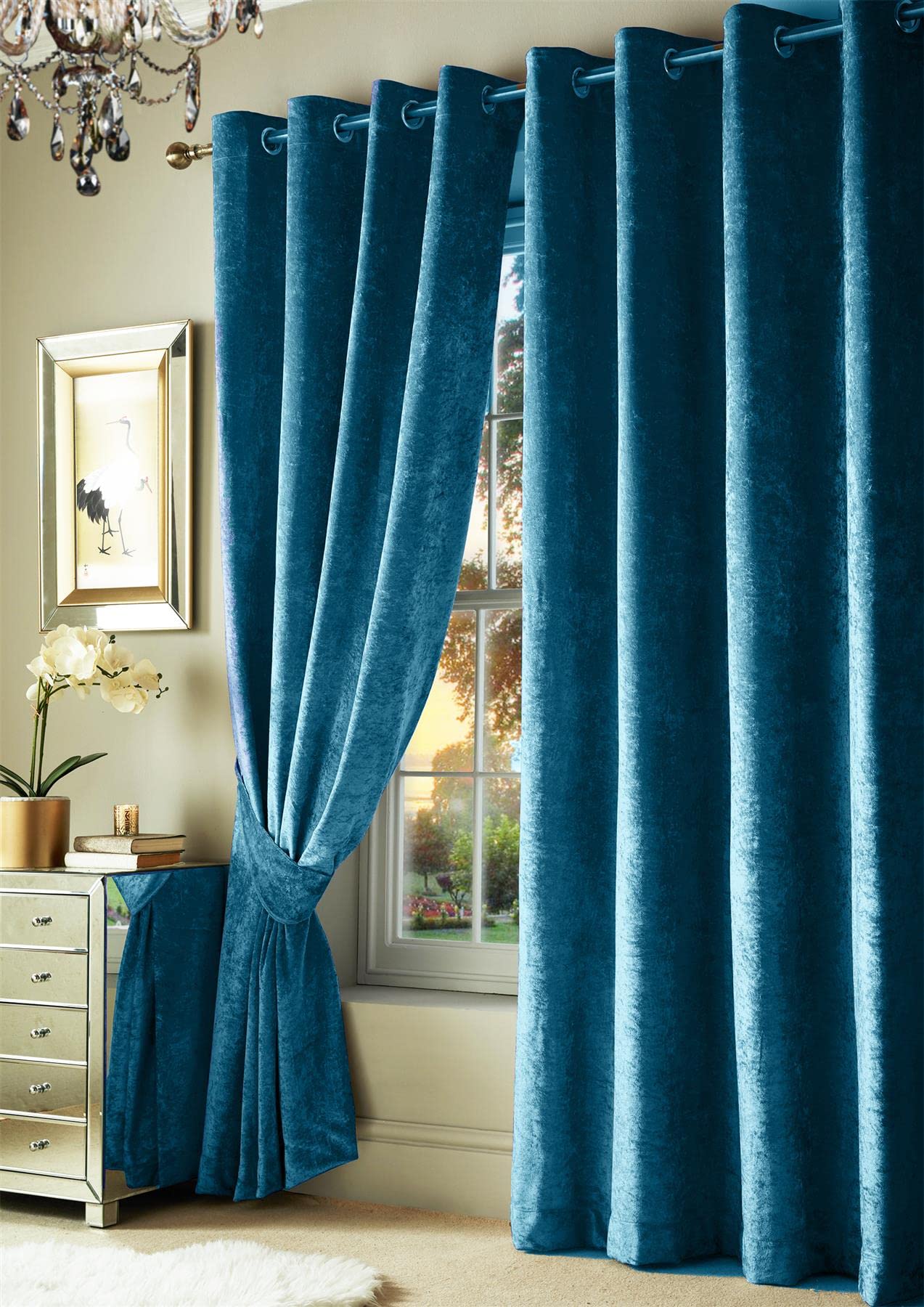 Roseley Navy Blue Crushed Velvet Curtains Eyelet Ring Top Fully Lined For Living Room Kitchen Bedroom 2 Panels Tiebacks Included (, 46 X 72'')