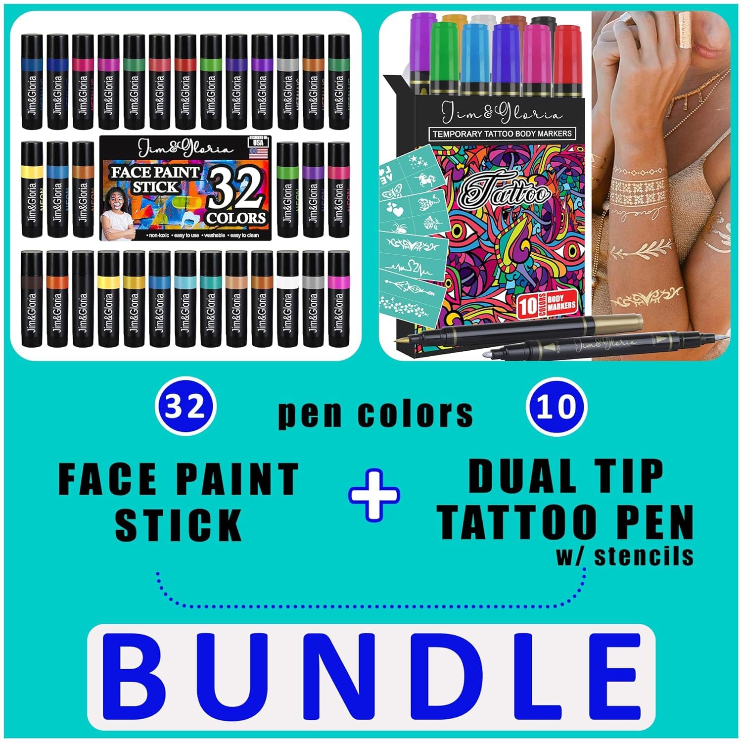 Jim&Gloria 32 Face Paint Colors Metallic Neon Classic Makeup Brush 10 Body Art Tattoo Pen Dual Tip 10 Colors With GOLD SILVER Skin Markers