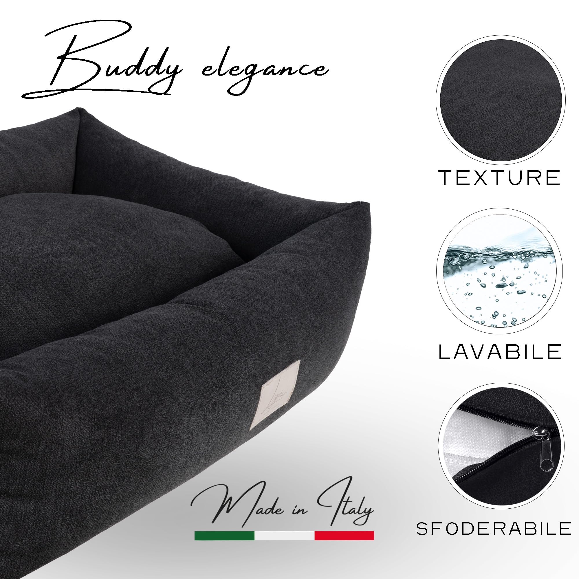 Ligo Buddy Elegance- Lettino Cuccia per cani realizzata in Italia. Cuscino materasso per Cane cuccetta completamente sfoderabile e lavabile in lavatrice. (XS/S: 50 X 60 cm, SOFT CARBONE)