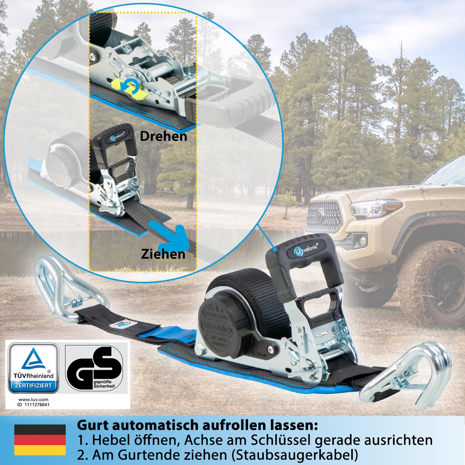 valonic Grizzly - 2X 5m XXL Automatik Spanngurt mit Haken, gepolstert, Blaue Fahne, 35mm, 800/1600Kg, TÜV Rheinl. / GS, EN 12195-2 - Spanngurte mit Ratsche, Zurrgurte für Motorrad, Auto, schwarz