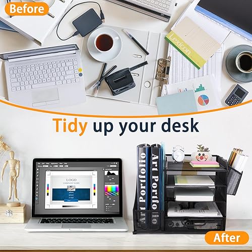 Miniatura 6 de Organizador de escritorio con bandeja de archivos, cajón, soportes para bolígrafos, soporte para revistas para accesorios de oficina y papeles,