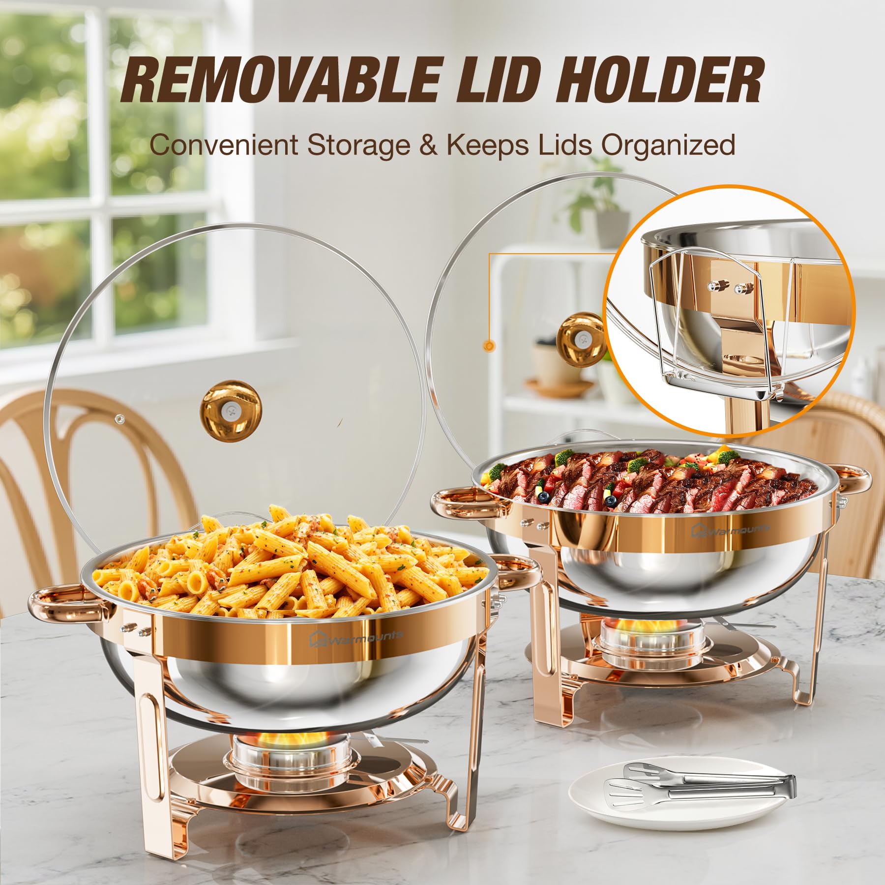 WARMOUNTS Chafing Dish Buffet 5L 2er Set Rose Gold, Rund Speisenwärmer für Catering mit Glasdeckel & Deckelhalter, Stapelbar Hochglanzpoliert Edelstahl Lebensmittelecht für Feiern, Hochzeit, Events