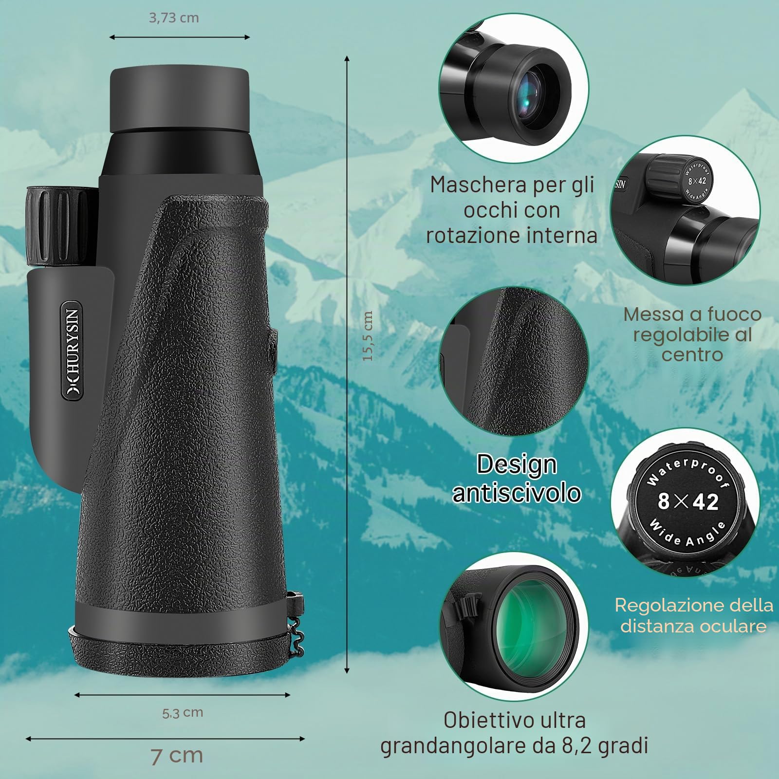 Monocolo HD 8 x 42 mm, adatto per bird watching, caccia, viaggi
