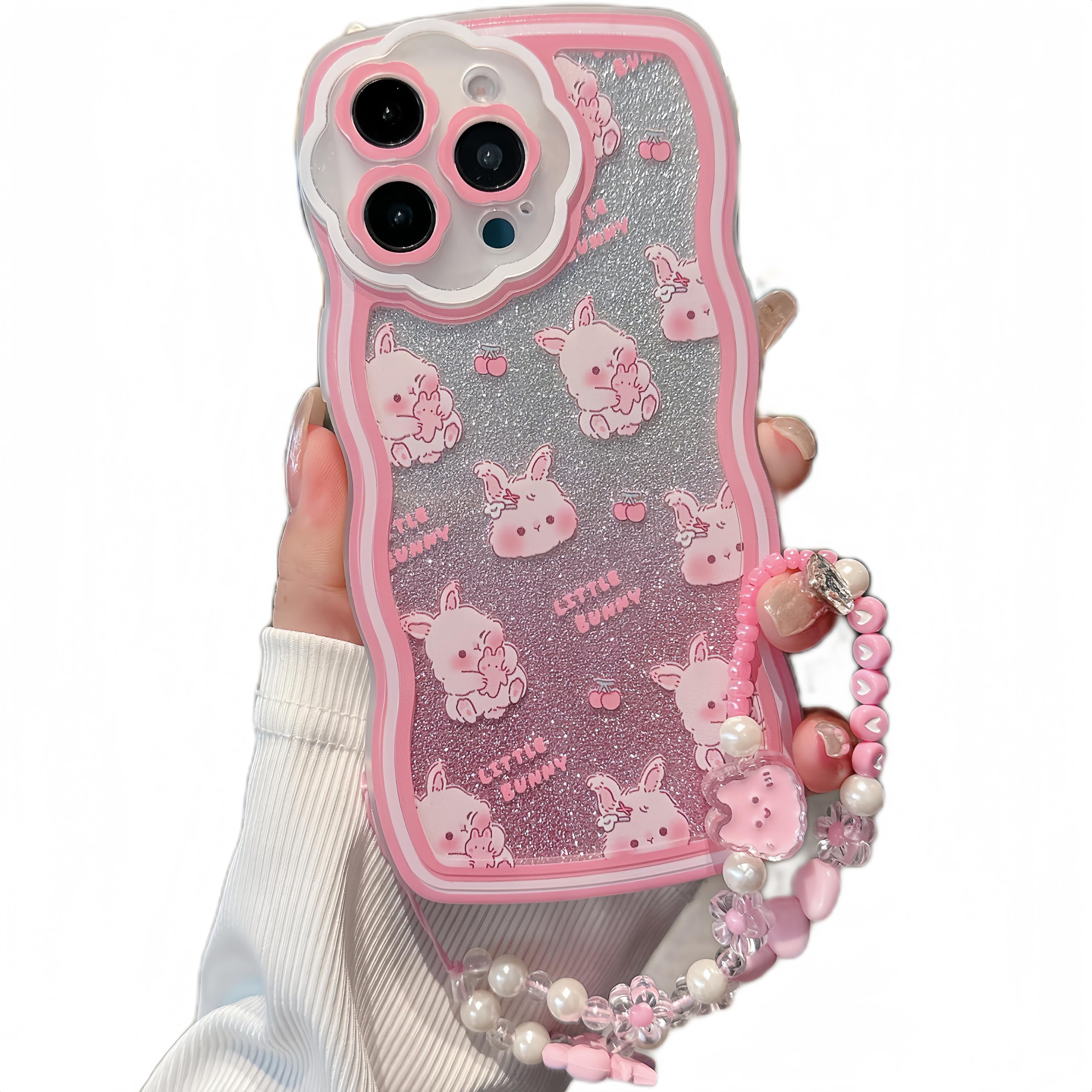 XAMMUE Compatible with iPhone 15 Plus case, Cute Wavy Edge Shell, Kawaii Pink Bunny, Cherry, Pattern, with Cute Bracelet, Made of Soft, eco-Friendly