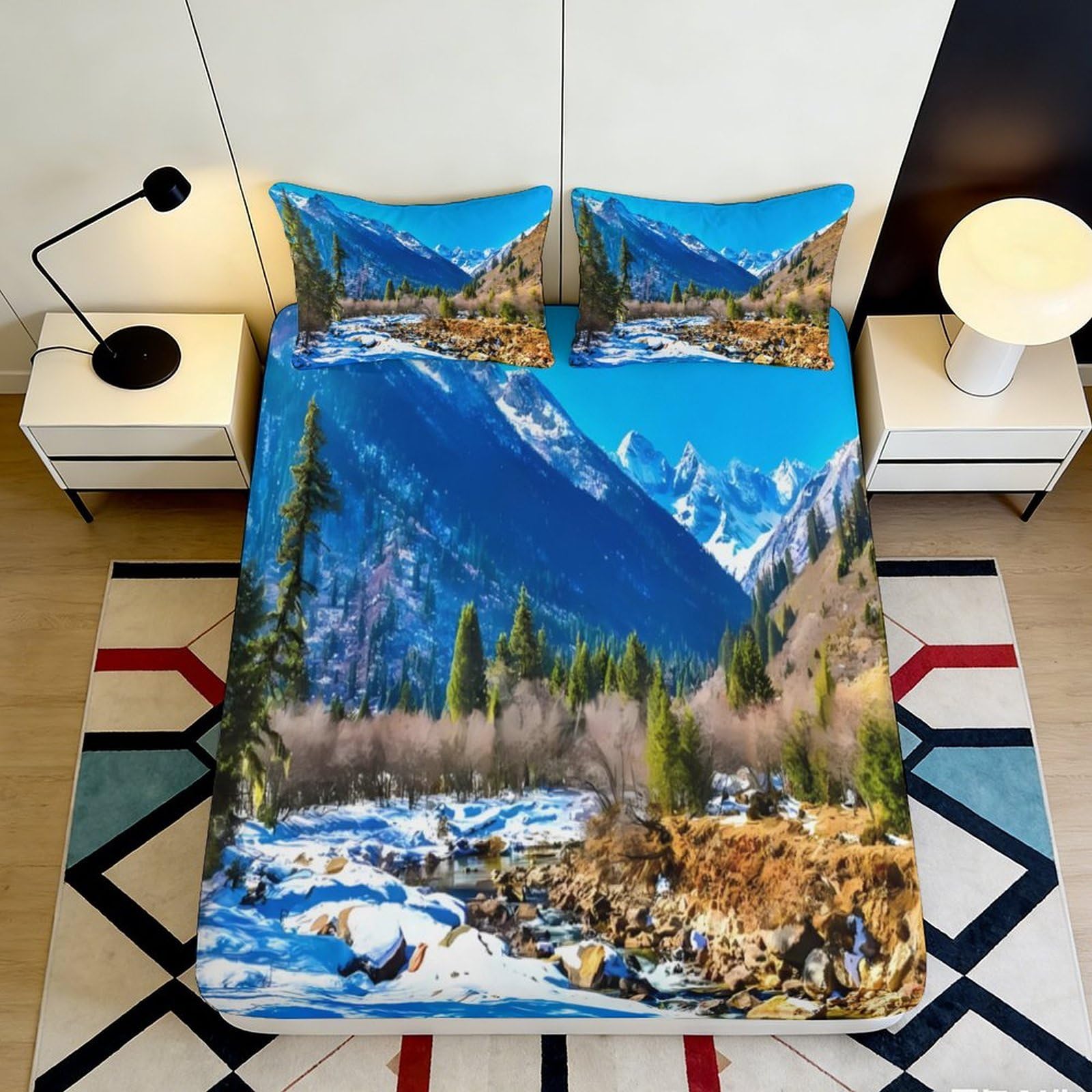 Jqzkxnhpbr Style-8 3D Printed Mountain Landscape Fitted Sheet Microfiber Scenic Forest River Mattress Cover For Bedroom Guest Room Decor 90X200x25cm