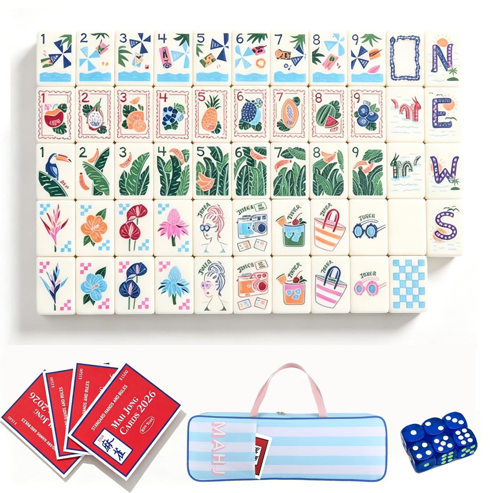 Juego de Mahjong Americano, 160 fichas de Acuarela Tropical con Bolso