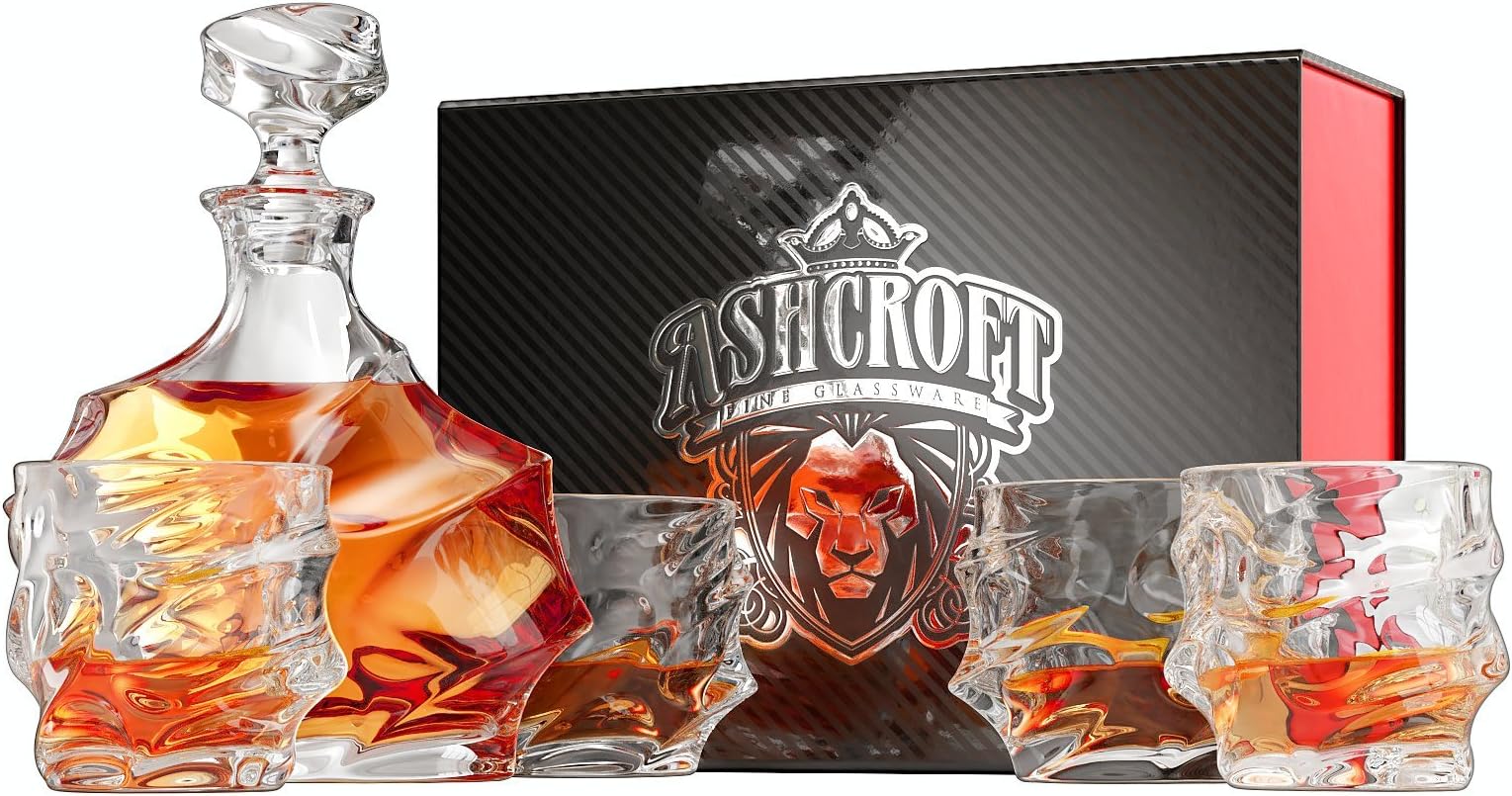 Ashcroft 5-Piece Everest Whiskey Decanter Set. 4 Glasses and Scotch Decanter with Stopper. Unique Elegant Dishwasher Safe Glass Liquor Bourbon Decanter Ultra - Clarity Glassware