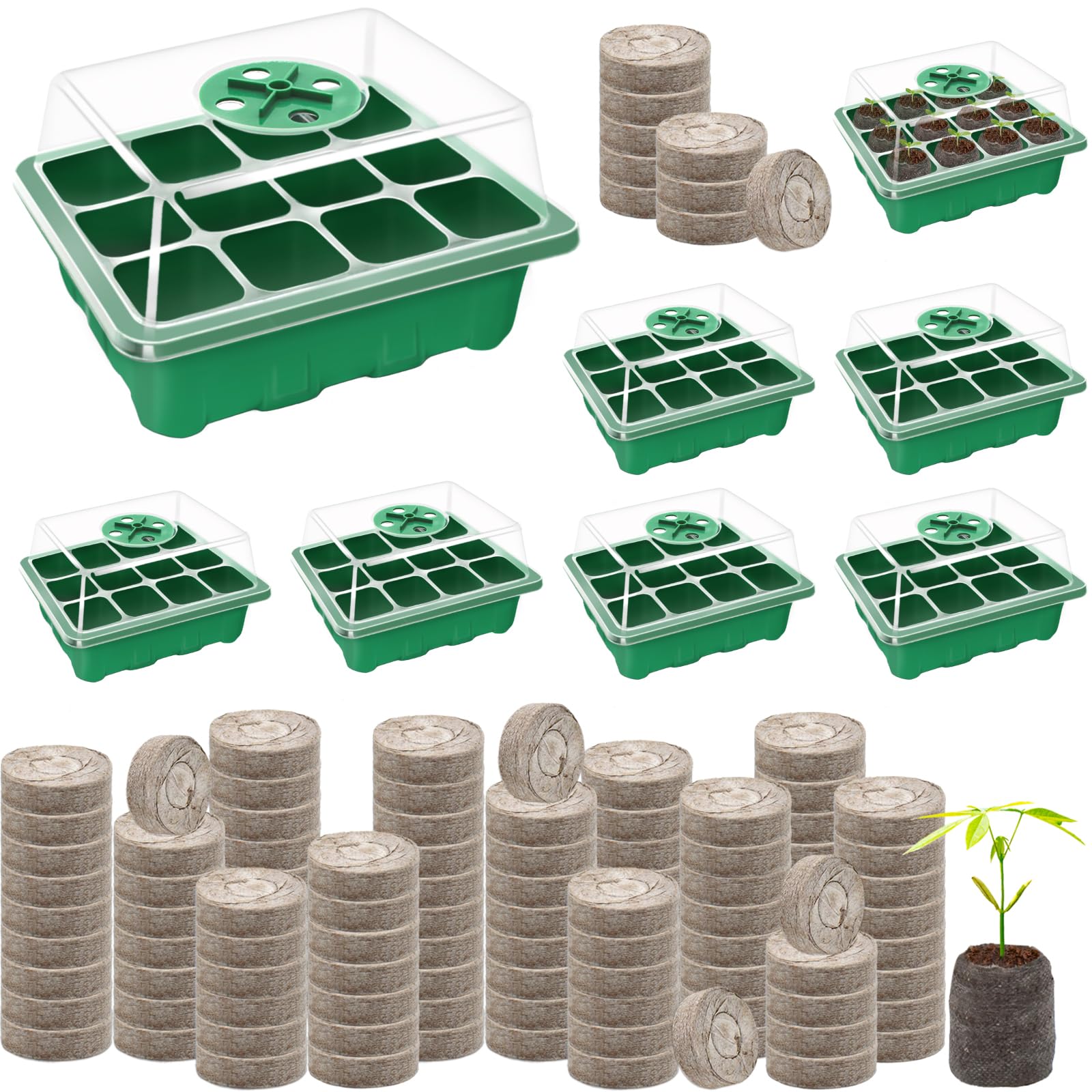Halatool - Paquete de 8 bandejas de iniciación de semillas con 100 pellets de turba, 96 células, bandejas de germinación de plantas verdes para semillas orgánicas, vainas de tierra para plantar