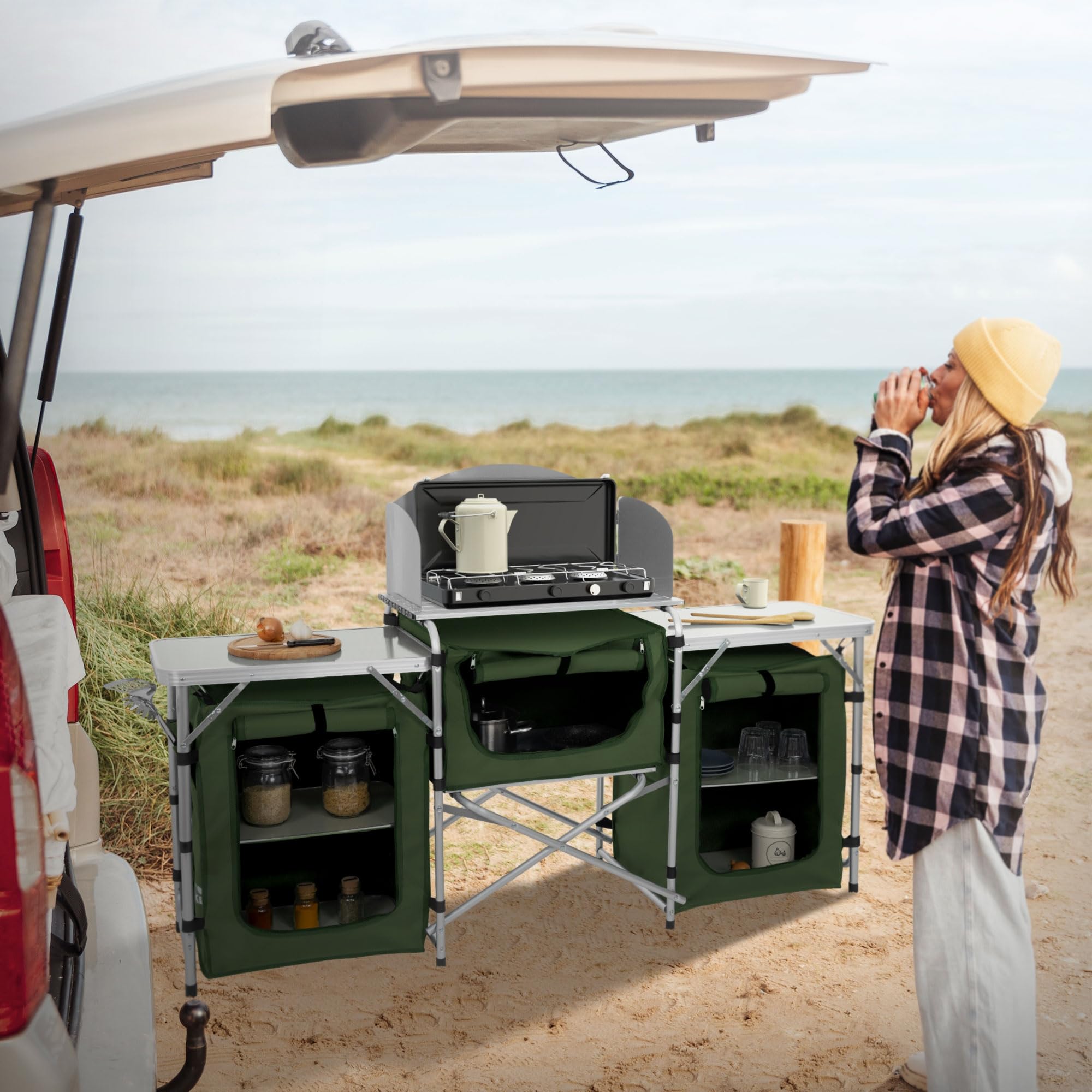 Hauki Cuisine de Camping Pliable, avec Sac de Transport, Meuble à Étagères de Rangement, Kaki, Aluminium/Tissu Oxford, avec Pare-Vent et Plan de Travail, Armoire de Tente Idéale pour Extérieur Voyage