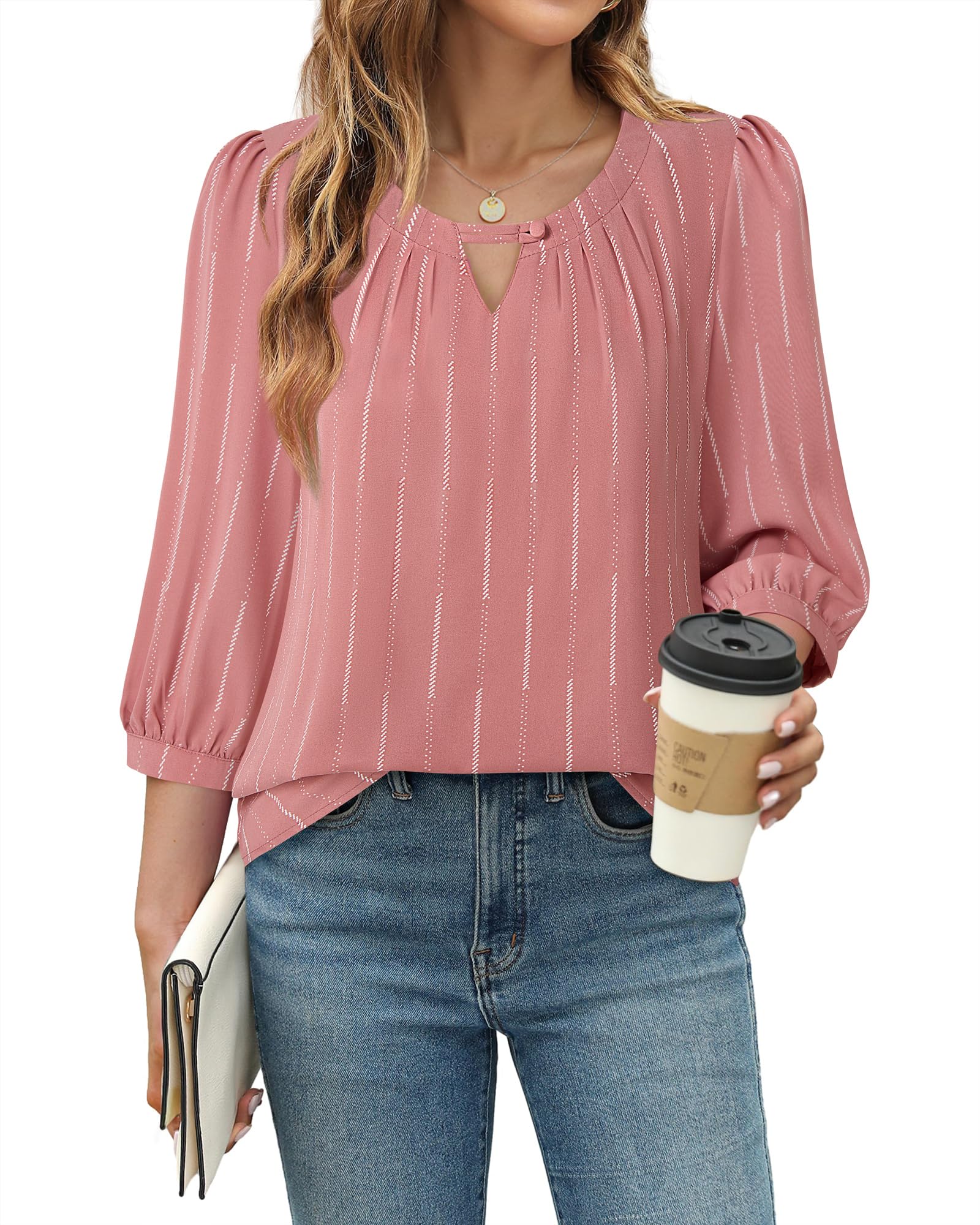 VALOLIA Damen 3/4-Ärmel, elegante Blusen, Hemden, Business, Freizeit, Arbeit, Chiffon, Tunika, Tops