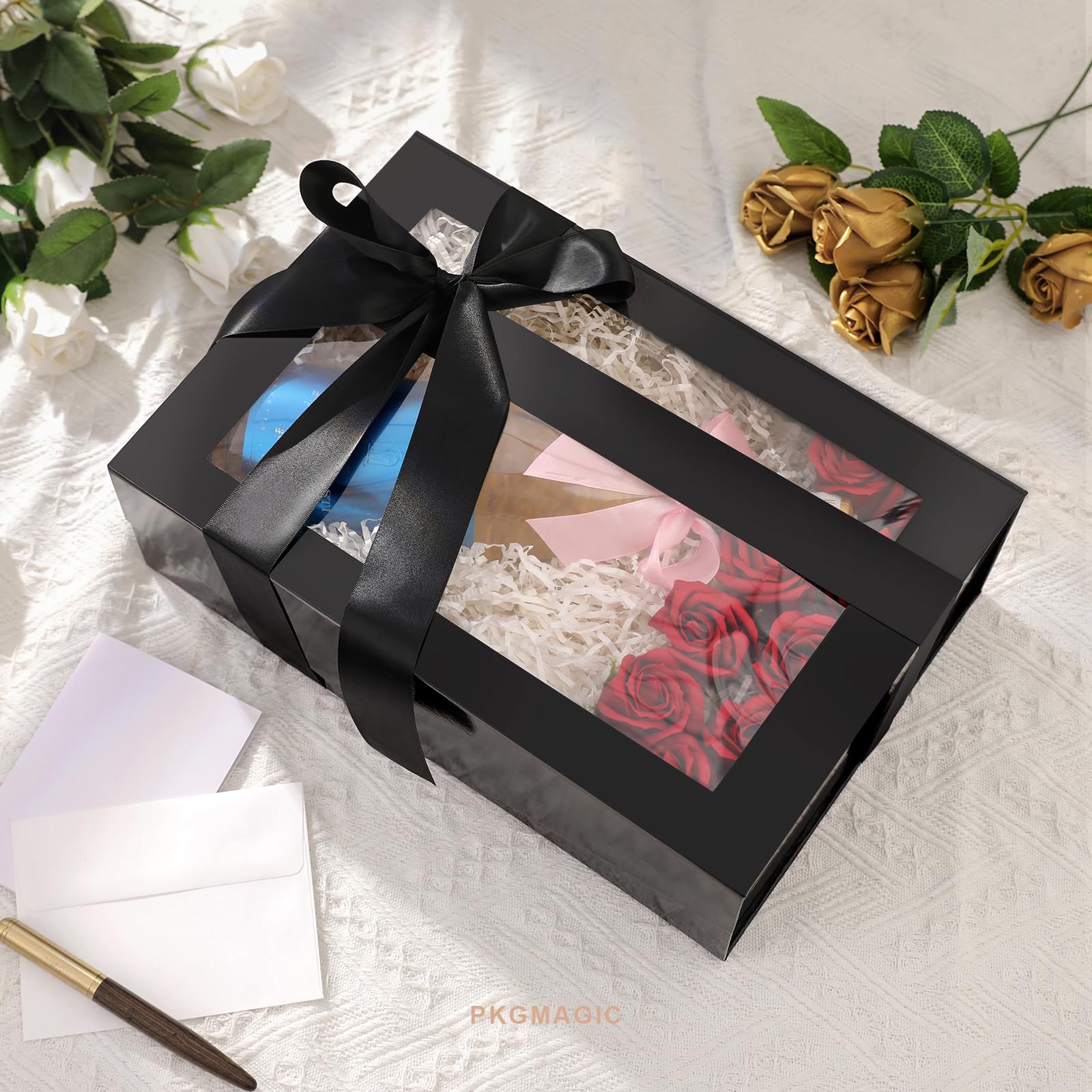 PKGMAGIC 5 große Geschenkboxen schwarz mit Fenster für Vatertag, 35,6 x 24 x 11,4 cm, leere Geschenkboxen mit Deckel für Band, Karte, Boxen für Hochzeit, Geburtstag