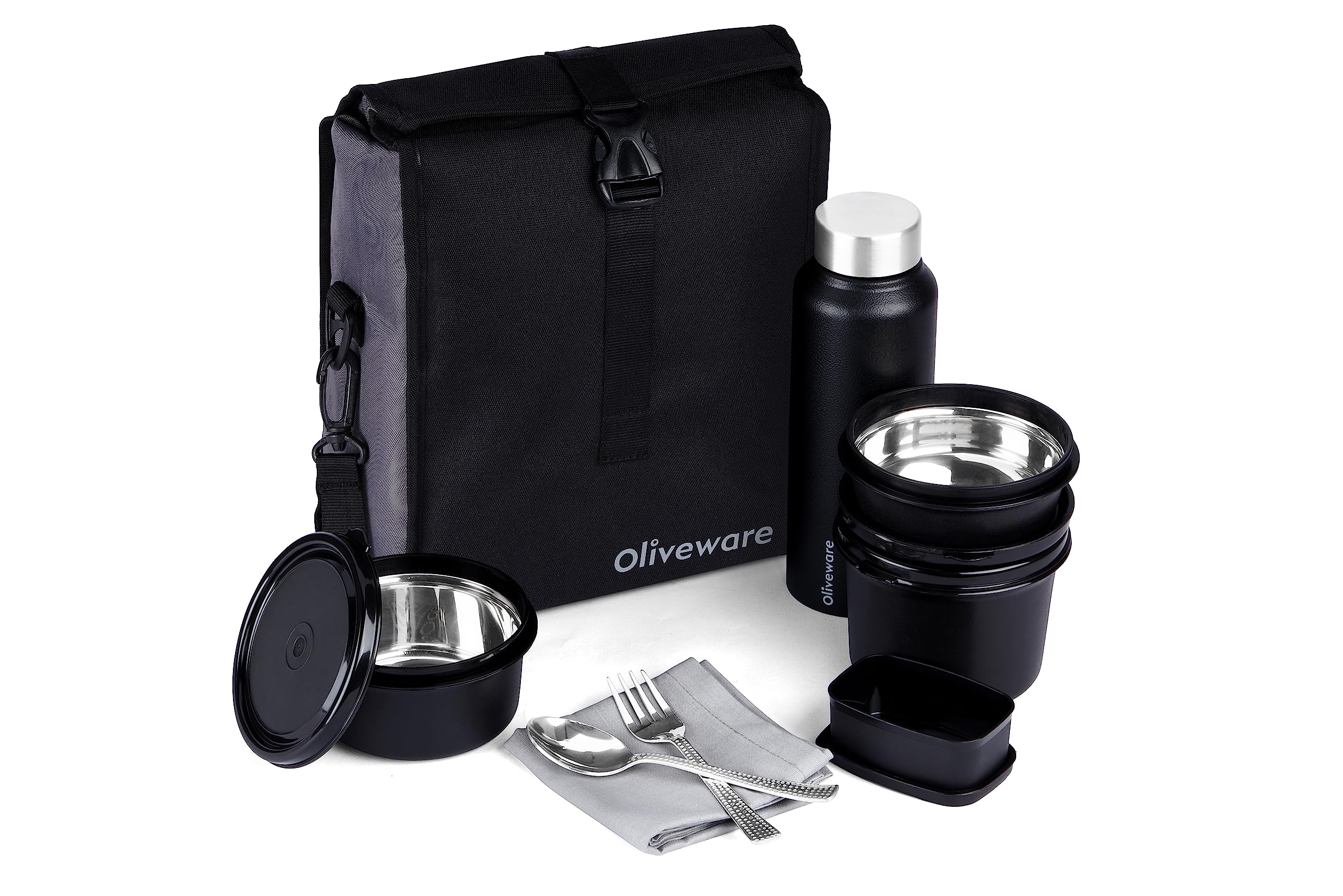 SOPL-OLIVEWARE Teso Pro Elite Lunch Box with Napkin & Steel Cutlery, 3 Stainless Steel Containers (300ml, 450ml & 600ml) + Pickle Box (130ml) + Insulated Bottle, Leak Proof & Microwave Safe - Black