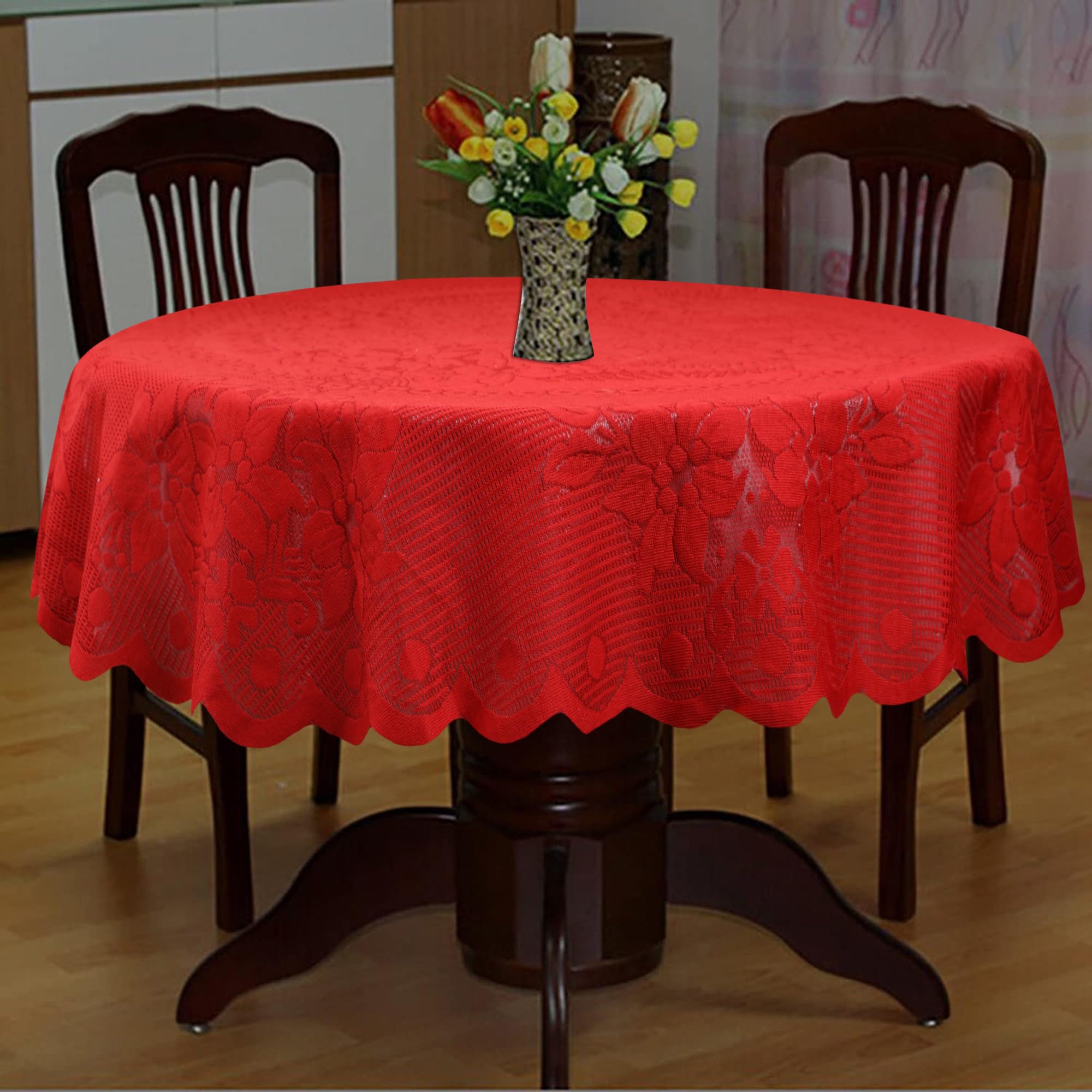 Dakshya Industries Polycotton 60 Inch Round 6 Seater Center Table Cover Floral Design Table Cloth (Red, Polycotton)-image-21