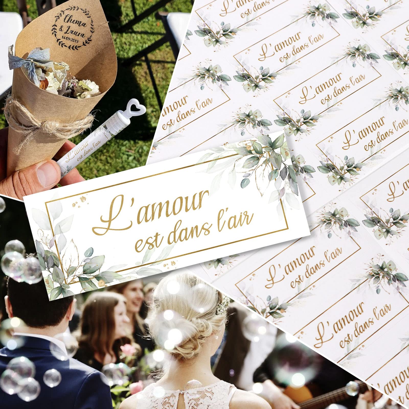 50 Stickers Bulles Mariage - Autocollants "L'amour Est Dans L'air" Pour Flacons à Bulles