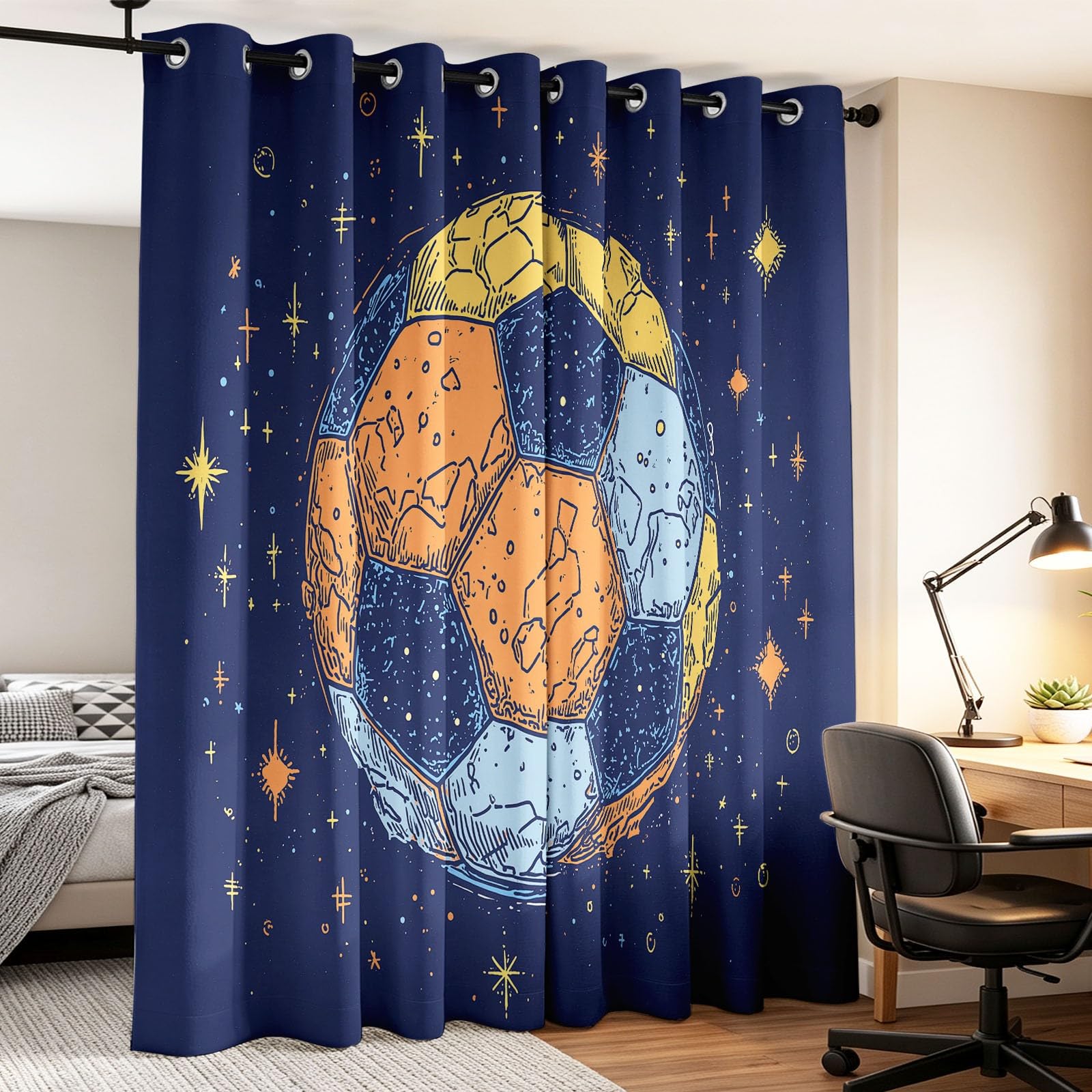 Verdunkelungsvorhang Sport Sternenhimmel Fussball Sternenlicht Spiel Geräuschreduzierung Blickdichte Vorhänge Mit Ösen - Ösenvorhang für Wohnzimmer Schlafzimmer Kinderzimmer Dekorieren, 117 x 137 cm