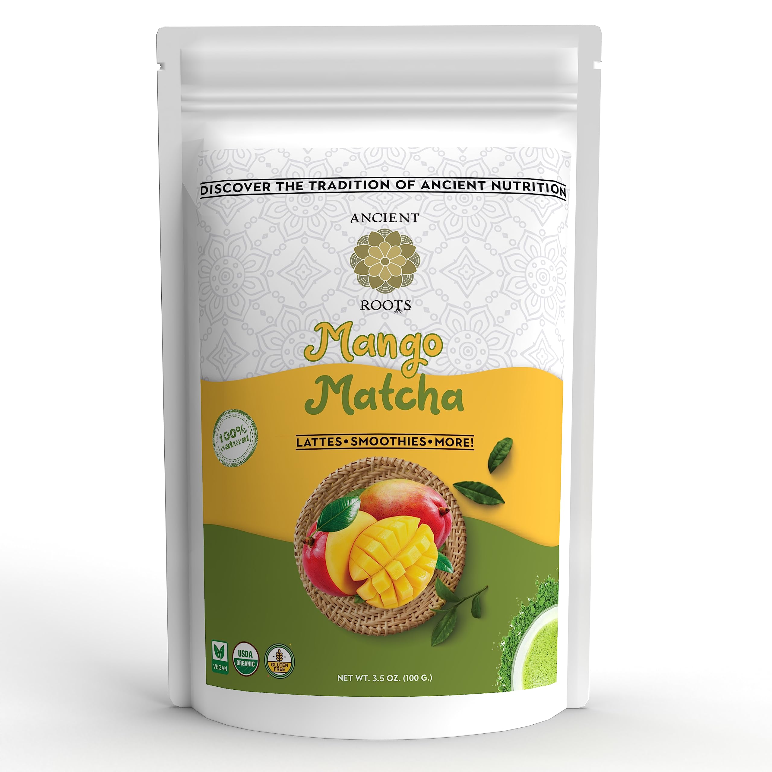 Ancient Roots Mango Matcha Green Tea Powder - All-Natural, Organic, Vegan, Superfood Drink Mix No Added Sugar, Filled with Antioxidants, Smoothies, Iced Drinks 3.5 OZ (25 Servings)