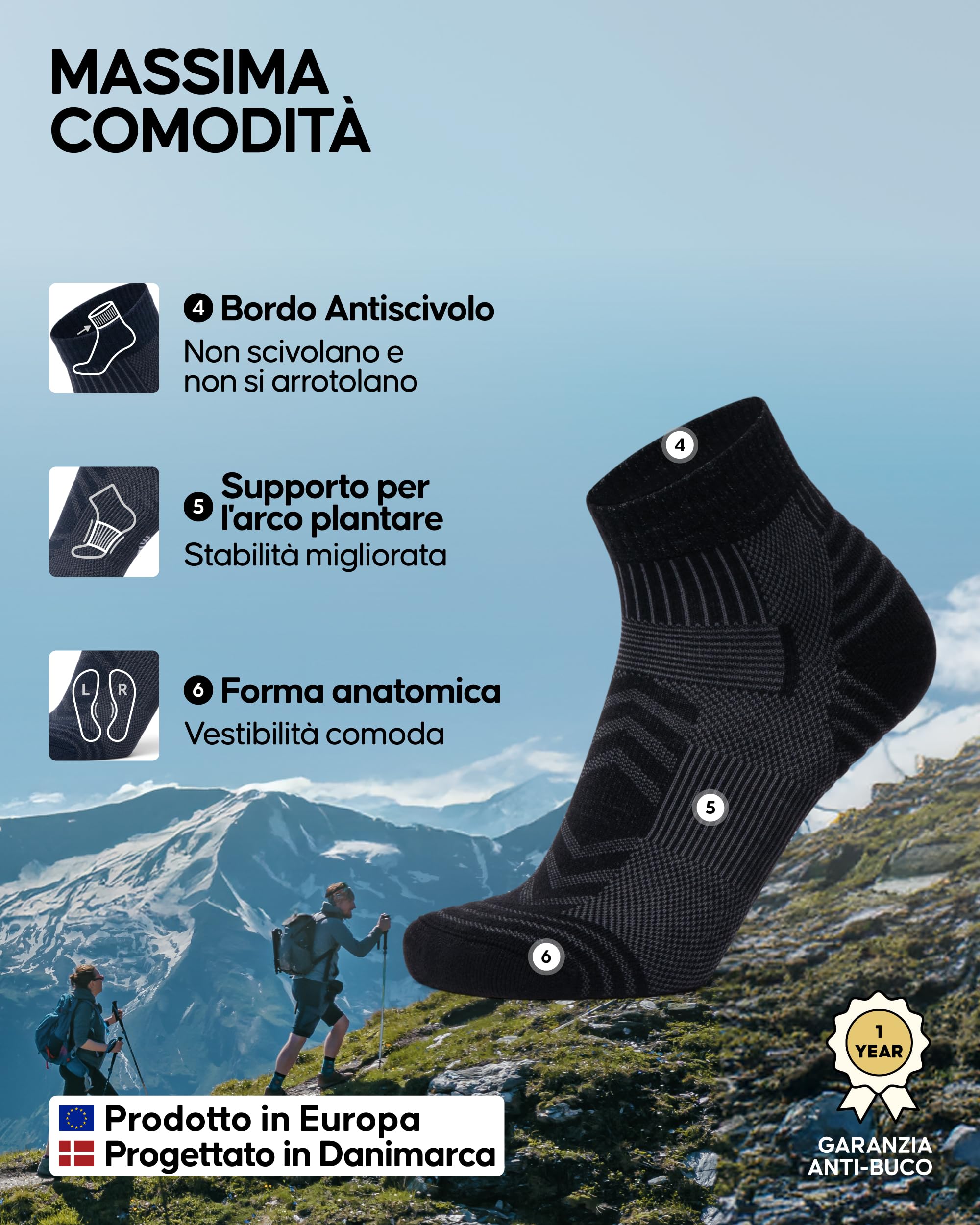 DANISH ENDURANCE Calze Trekking Corte Lana Merino, Calzini Termici Anti-Vesciche, Calze Escursionismo Traspiranti, Unisex, 3 Paia
