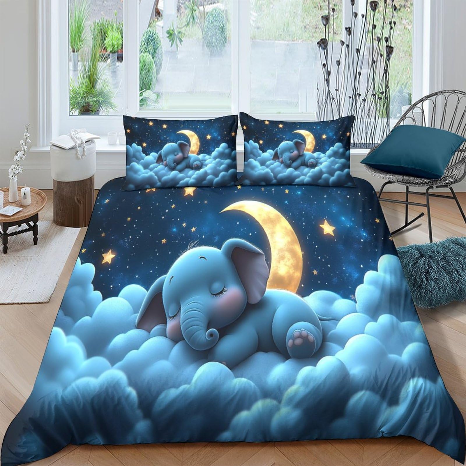 Ctjqhvkz Style-5 3D Printed Blue Dreamy Elephant Fitted Sheet Microfiber Soft Breathable Moon Cloud Mattress Cover For Bedroom Dorm Mattress Protection Decor Single（135X200cm）