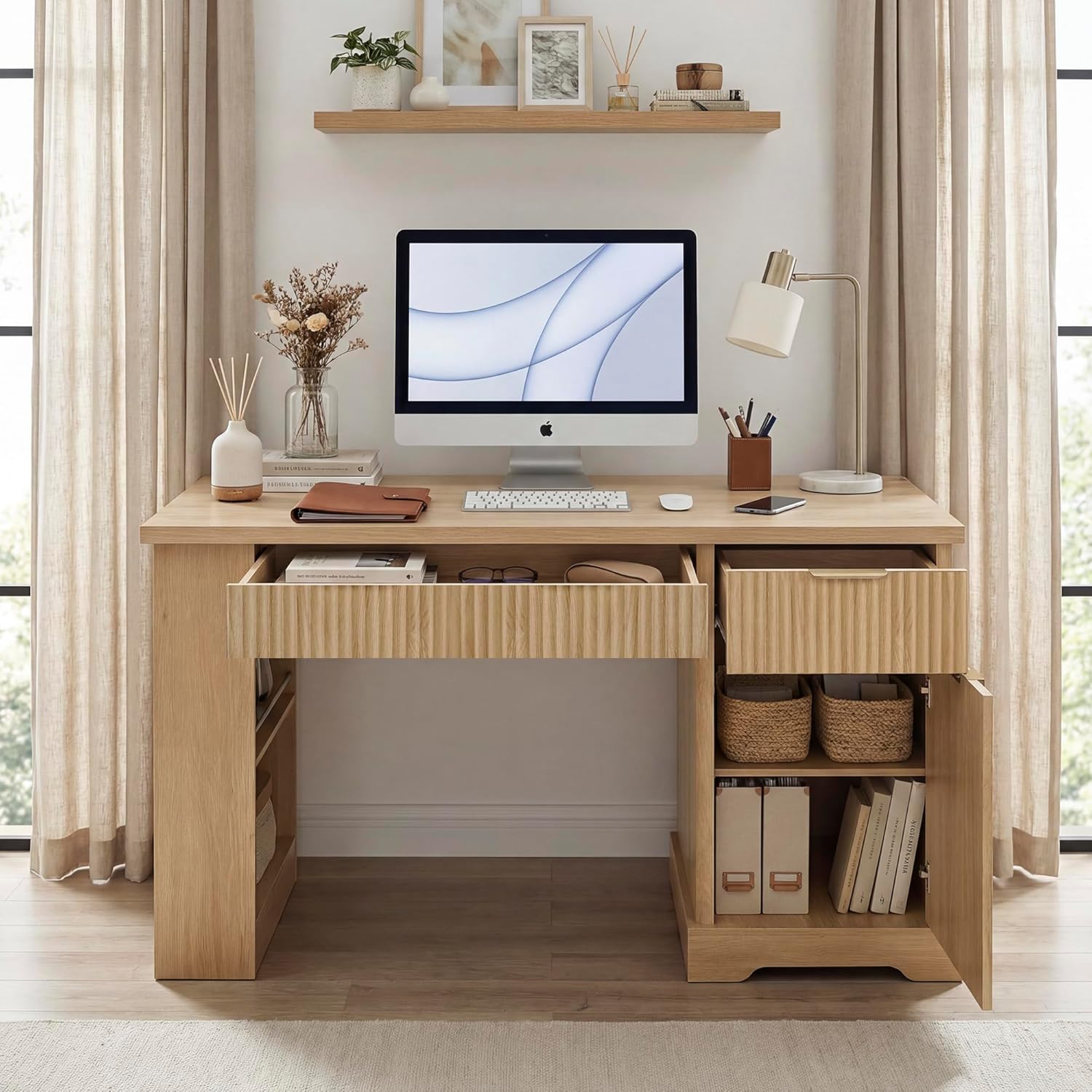 55" Computer Desk with Drawer,Home Office Desk with Power Outlets, Fluted Work Study Gaming Desk with Keyboard Tray for Living Room, Bedroom(Oak)