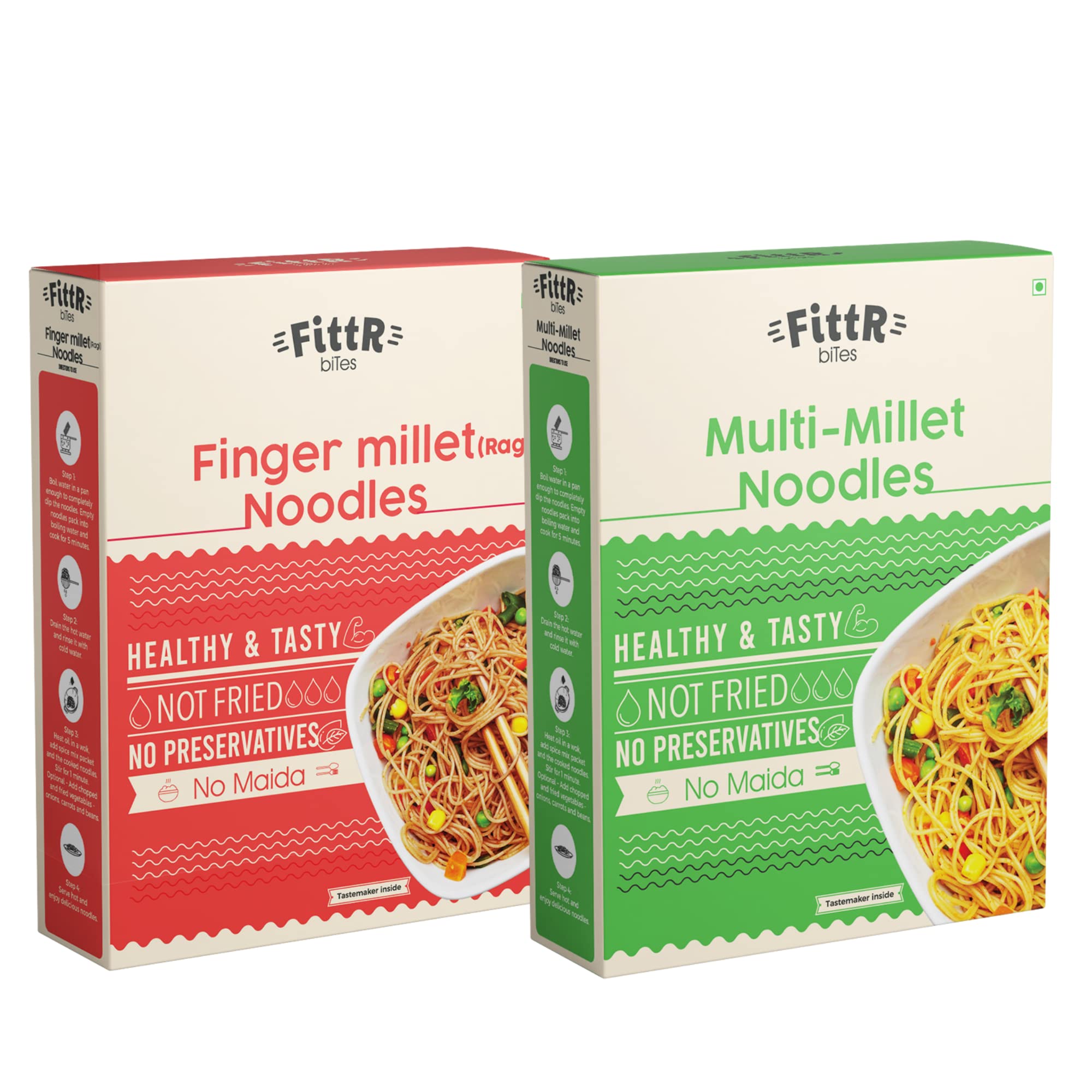FittR Bites Assorted Millet Noodles Combo | Pack of 2 | Healthy Noodles | No Maida | Not Fried | Multi Millet noodles & Finger Millet Noodles | 2 * 192g