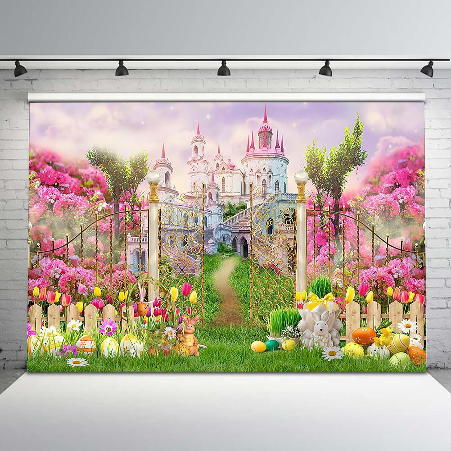 Avezano Spring Easter Photography Backdrop Colorful Eggs Rabbit Princess Castle Green Grass Background Garden Flower Baby Shower Birthday Wedding Kids Children Portraits Photo Studio Props (7x5)