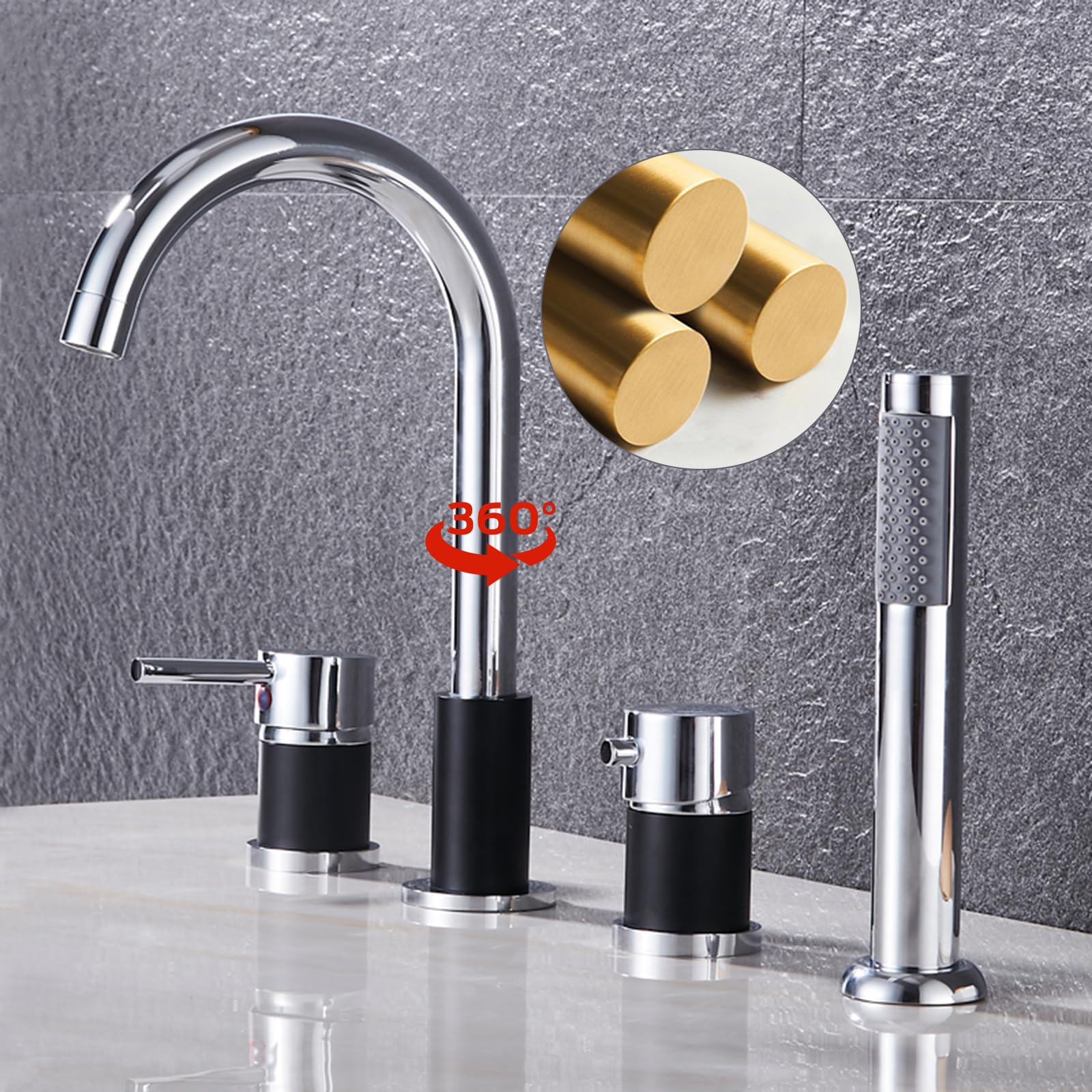 Grifo Mezclador de Bañera Y Ducha de 4 Orificios con Rotación de 360° para Agua Caliente Y Fría de Latón Cromado Y Negro
