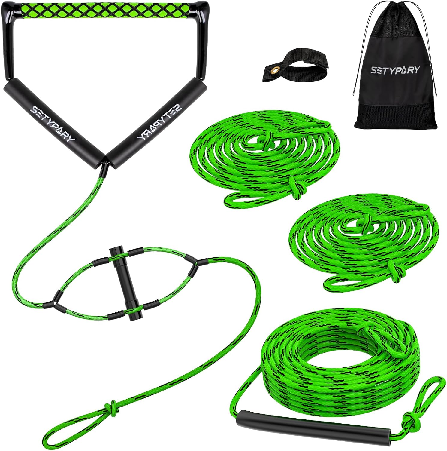 25FT Wake Surf Rope (Grey & Black) & 75FT Wakeboard Rope and Handle(Green& Black) Combo - Floating Watersports Ropes for Wakesurfing, Wakeboarding, and Watersports