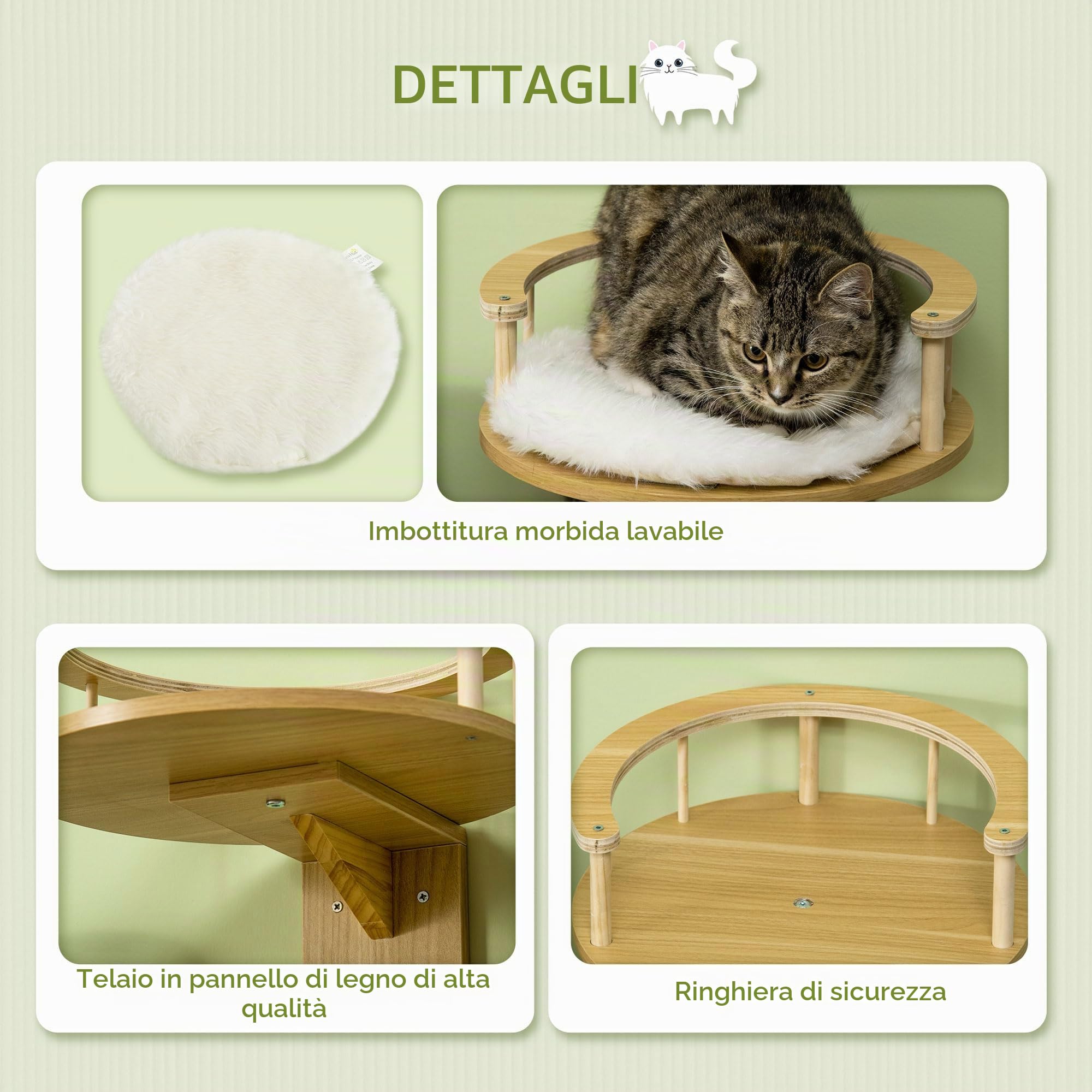 Parete di arrampicata per gatti PawHut, lettino per gatti da parete, letto per gatti da montare a parete, amaca per gatti, piattaforma per gatti con cuscino, mobili per gatti, rovere+bianco crema, Ø34