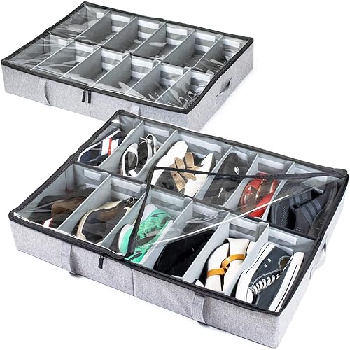 storageLAB Under Bed Shoe Storage Organizer, Adjustable Dividers - Set of 2, Fits 24 Pairs Total - Underbed Storage Solution