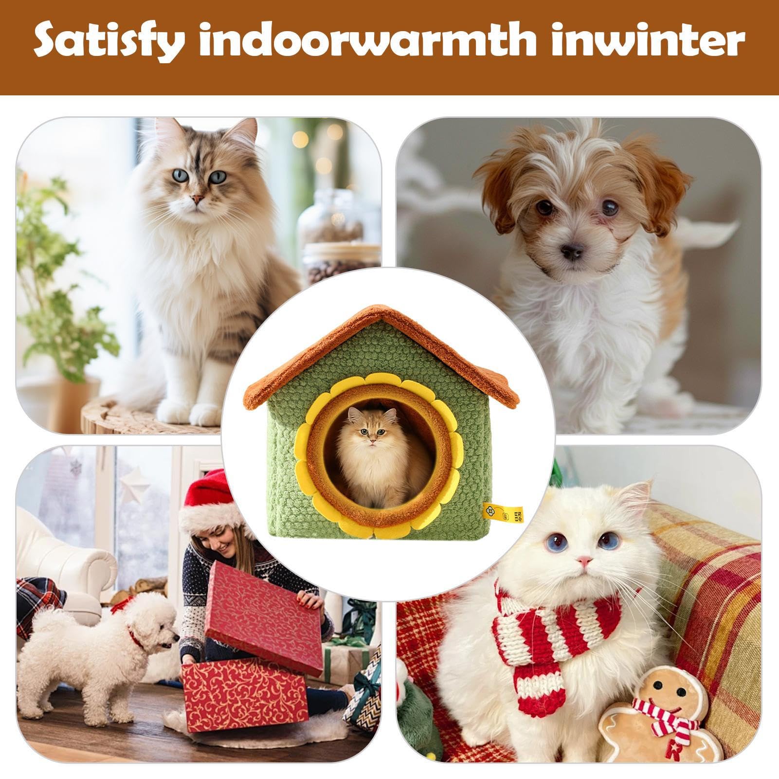 Casa para Gatos de Interior Refugio Extraíble Y Lavable | Camas Para Gatos Con Puerta De Girasol Para Mascotas Pequeñas De Interior Cachorros Y Para Rincón Invierno Y Navidad