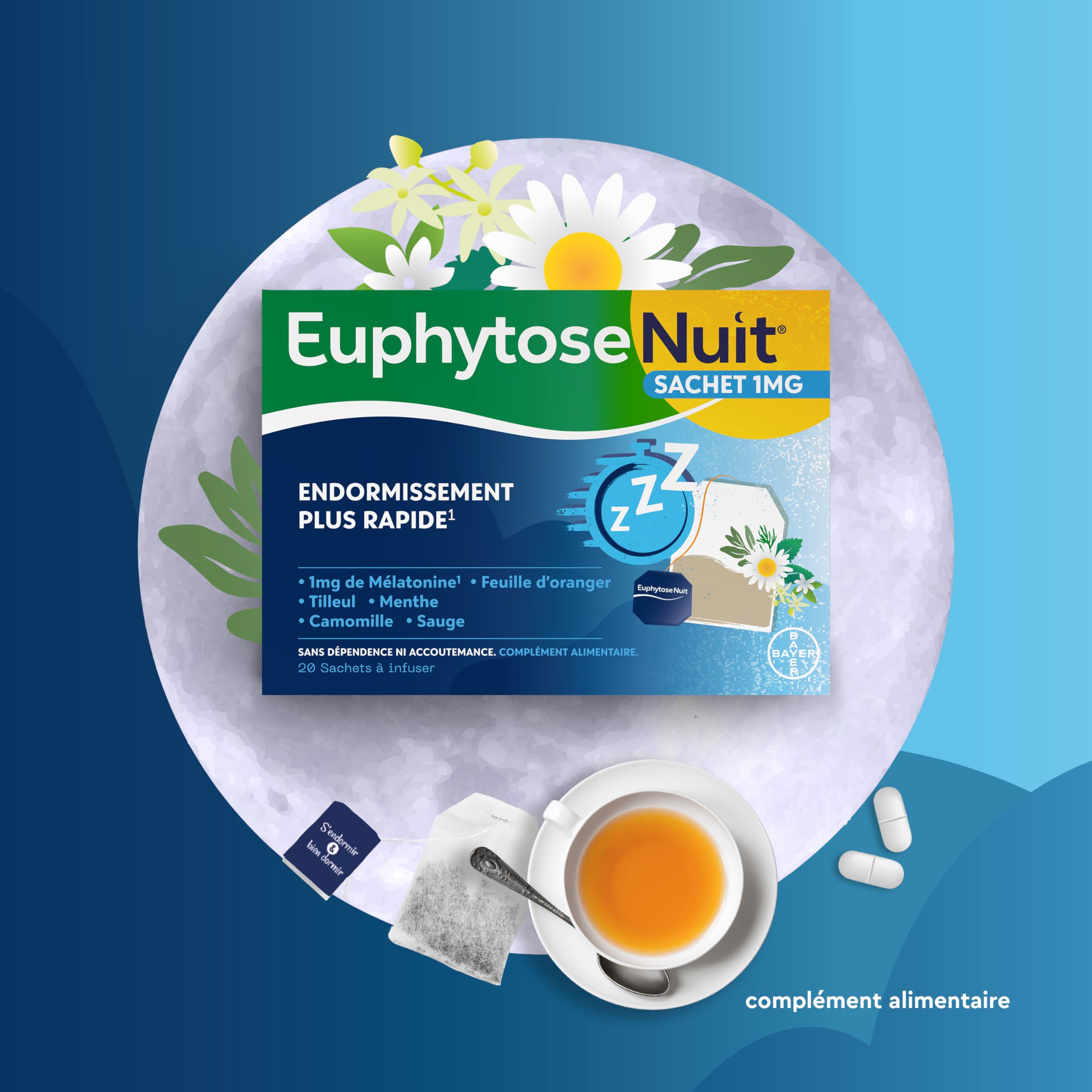 EuphytoseNuit Sachet - Complément alimentaire sommeil adulte - Mélatonine 1mg Endormissement rapide - Feuille d'Oranger - 3 Packs de 20 Sachets à infuser - 20 nuits de sommeil - Fabriqué en Europe