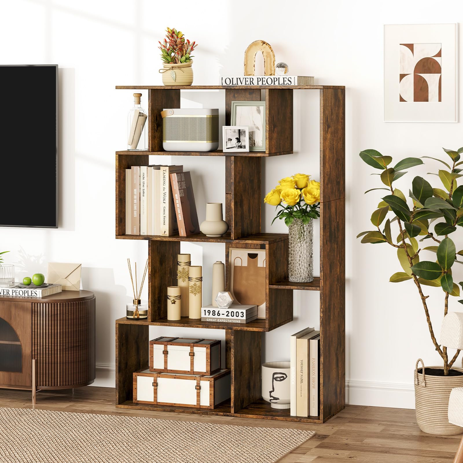 COSTWAY Librería Geométrica de 6 Cubos, Estanteria Libros Abierta, Separador de Espacios, Biblioteca Dormitorio Estudio Salon, 80 x 30 x 119cm (café)