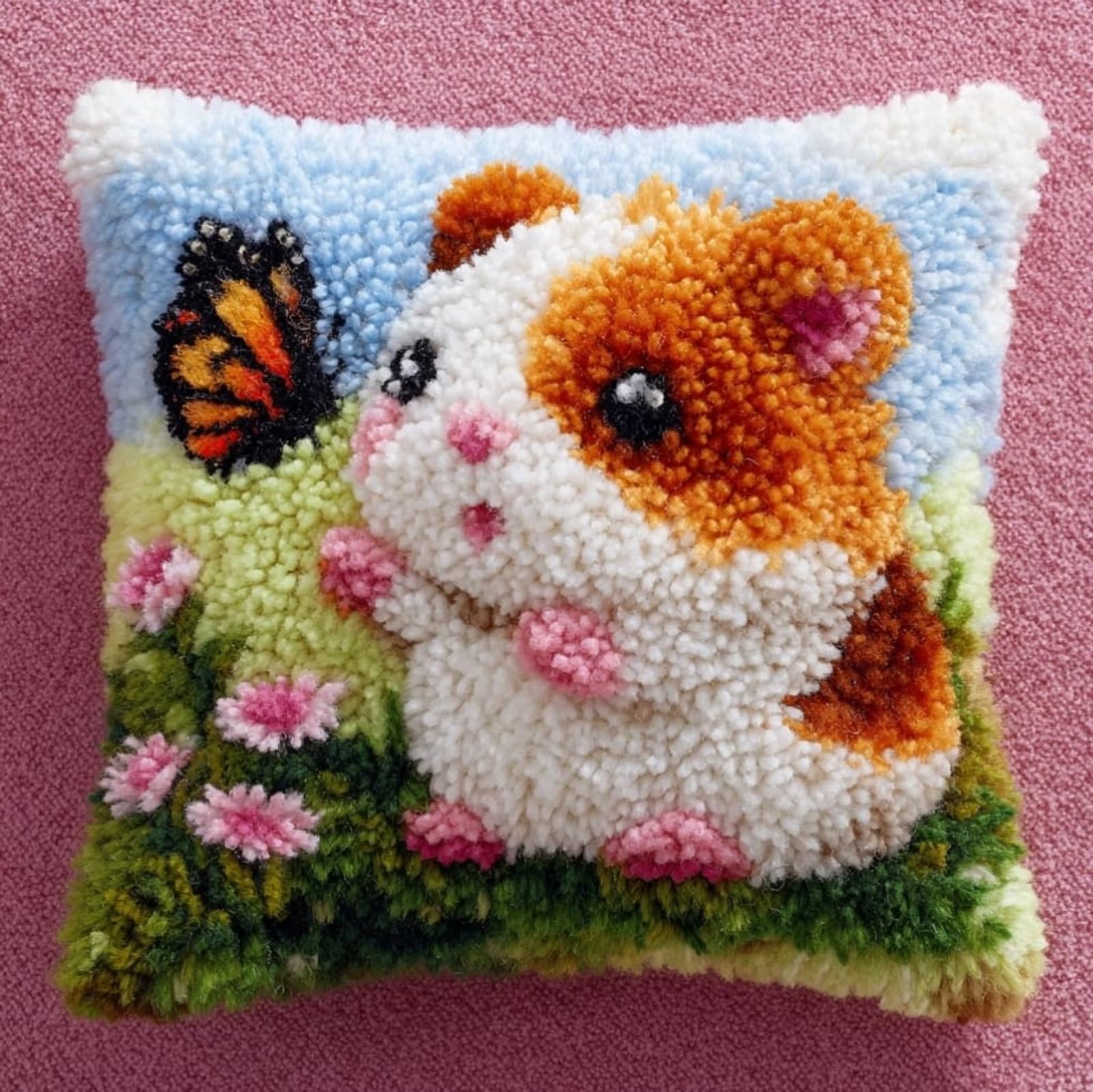 AxiangziK Latch Hook Pillow Kit,Hamsters and Butterflies DIY Cushion Making Kit for Adults Beginners,17x17 Inch Sofa Cushion Cover,Complete Craft Rug Embroidery Set,Home Decor Gift