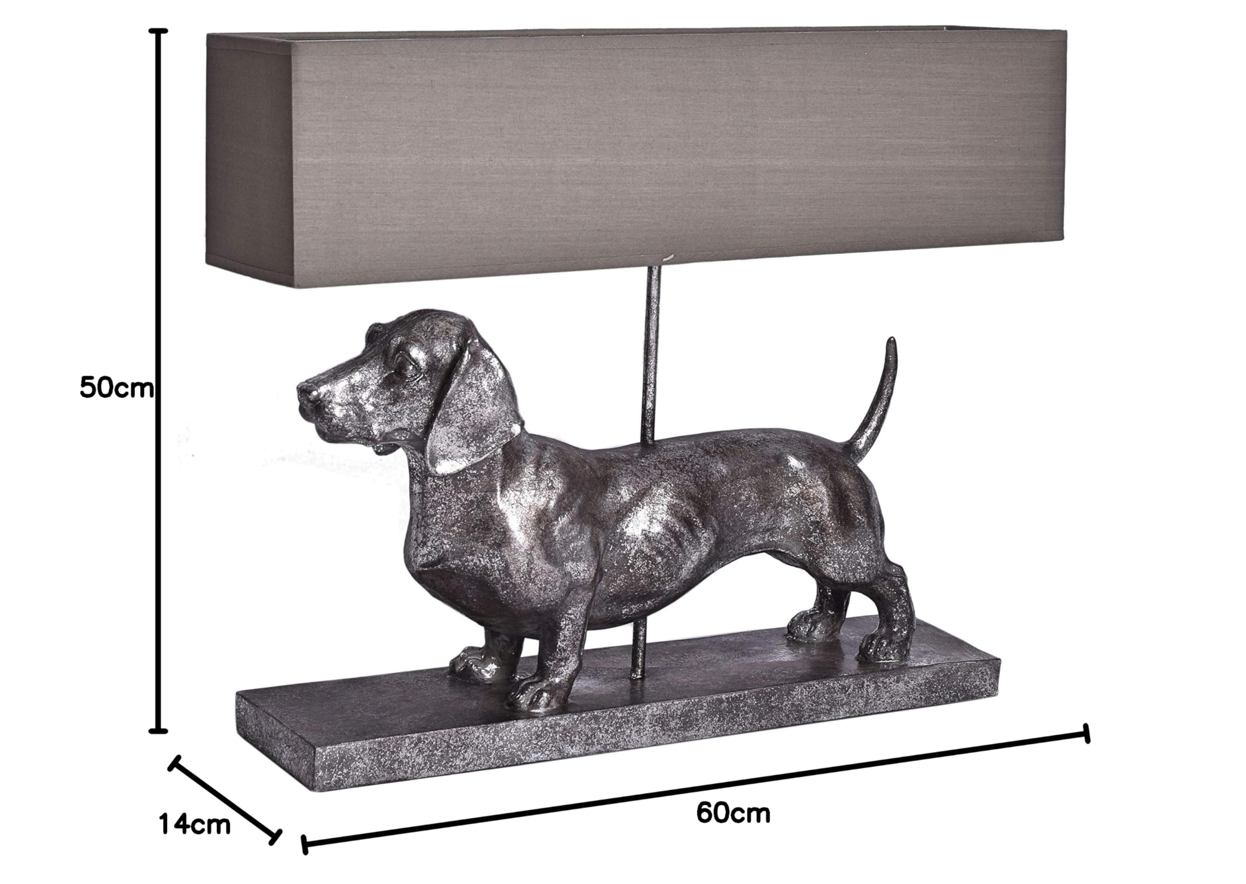 Tischlampe XXL Dackel Leuchte Hund 60cm Lampe Hundefigur Nachttischlampe Hundelampe cw195 Palazzo Exklusiv „VILLA CHARLY“ – Silber Dachshund mit Stoffschirm im englischen Stil