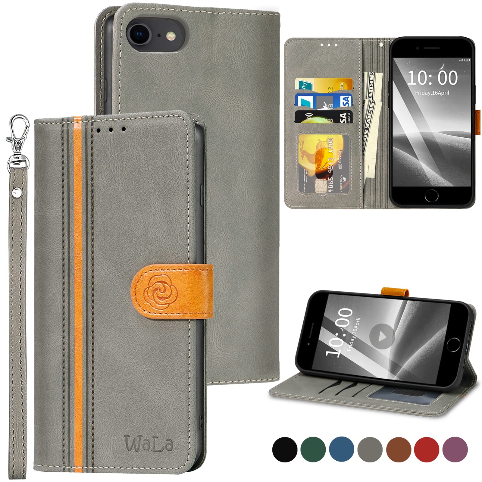 WaLa Wallet Case for iPhone 8/7/SE 2020, Premium Leather Flip Case with Kickstand and Card Holder Function, Protecte Shockproof Cover for iPhone SE 2020, iPhone 7 and iPhone 8, 4.7" - Grey