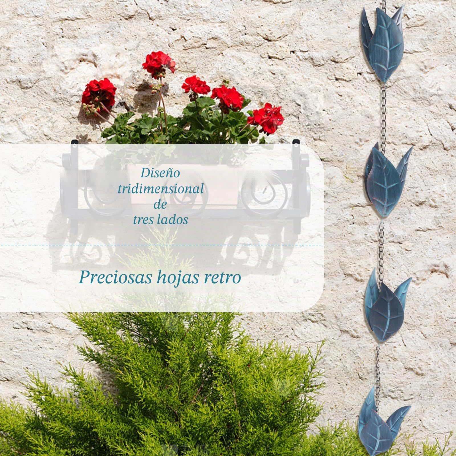 Tefola 2.6m Cadena de Lluvia para Canalones, Cadena de Lluvia, Cadena de Lluvia para Canalones, Cadena Meteorológica Retro en Forma de Hoja de Hierro Azul para Colgar en Balcones, Tejados, Jardines