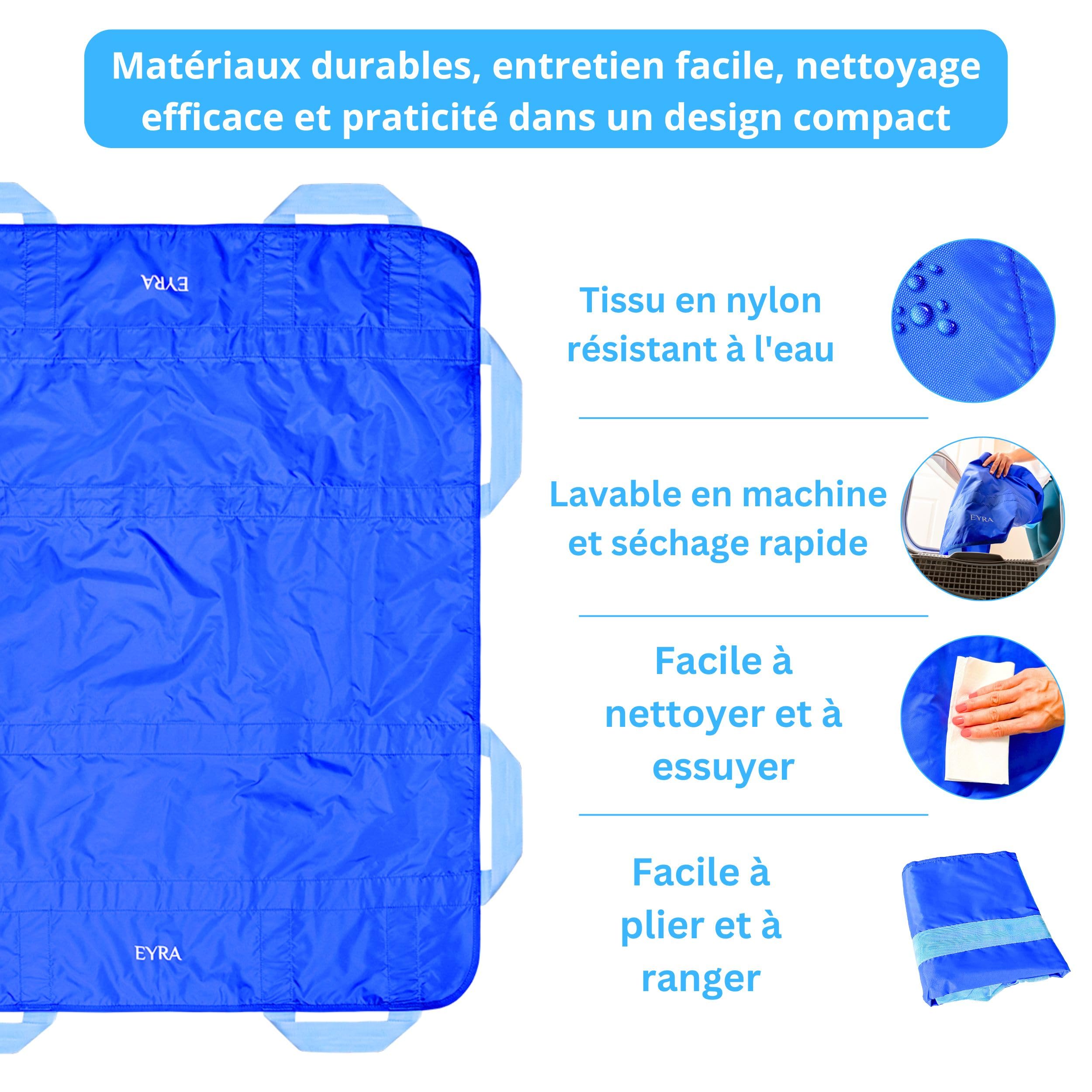 EYRA Drap de Glisse 122×102 cm avec 8 poignées – Drap de Transfert & Aide au positionnement réutilisable et Lavable pour Personnes âgées, Patients alités et mobilité réduite – Supporte Jusqu’à 180 kg