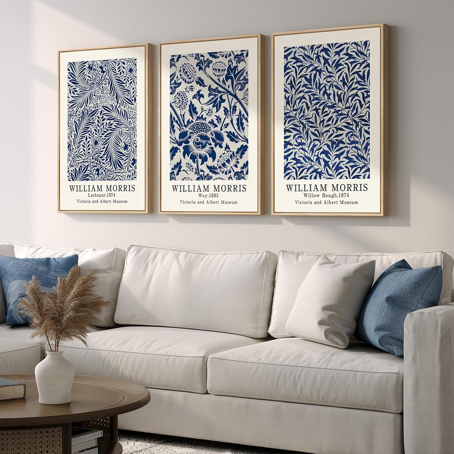 Framed Large Blue William Morris Wall Art Set of 3, Vintage Botanical Floral Canvas Wall Decor Painting, Farmhouse Aesthetic Artwork Prints for Living Room, Bedroom, Hallway, Office, Total Size 30x60 20" W x 30" H x 3Pcs Blue