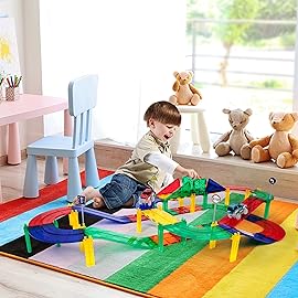 PicassoTiles 50pc Racecar Track Magnetic Tiles Educational Kids Toy with 2 Light Up Trucks STEM Preschool Learning Magnet Tile Toddler Toys Boys Girls Ages 3+ Blocks Game Puzzles Build Playset PTR50