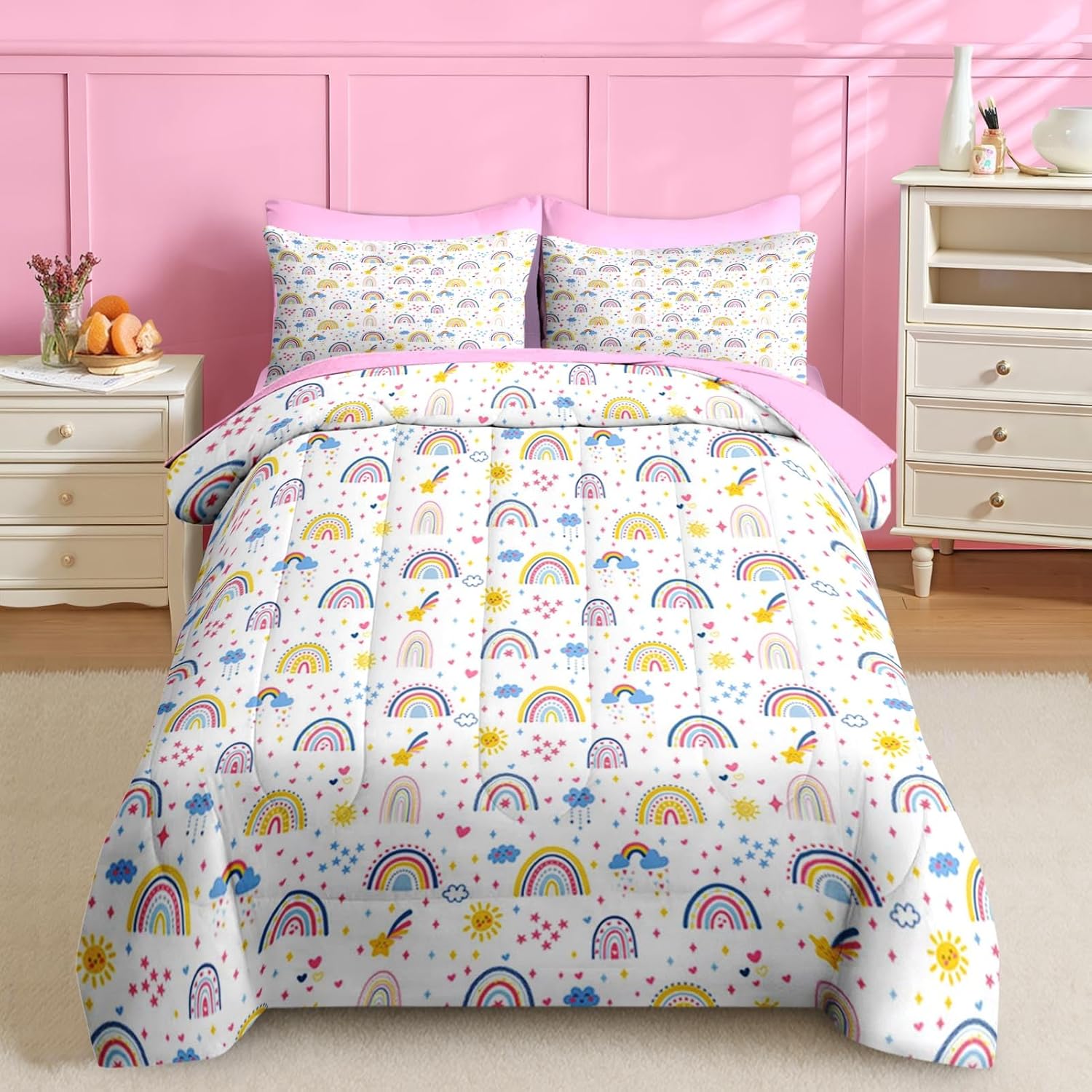 Nesker 7 Pcs Comforter Set Queen Size, Colorful Cartoon Bedding for Kids Teen, Cute Boho Rainbow with Fitted Sheet 2 Pillowcases & 2 Shams for Bedroom Bed Decor
