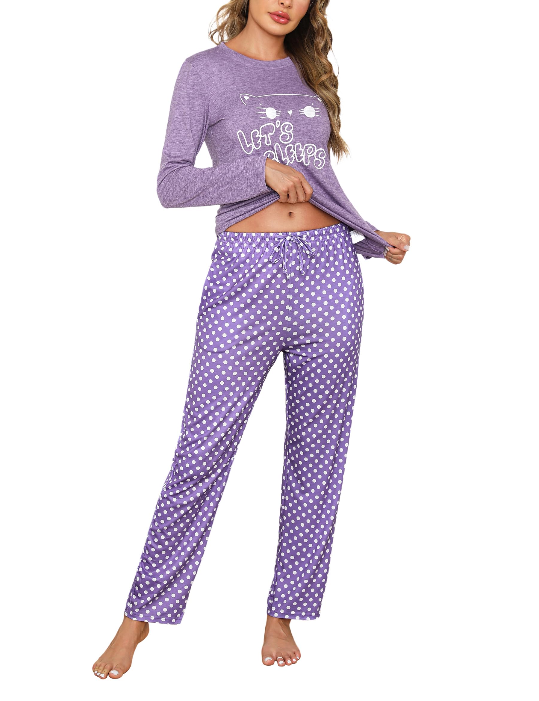 Uniexcosm Pigiama per Donna Pigiama Donna Cotone Lungo Leggero Gatto Girocollo Maniche Lunghe Pigiama Due Pezzi Donna a Tasche Laterali
