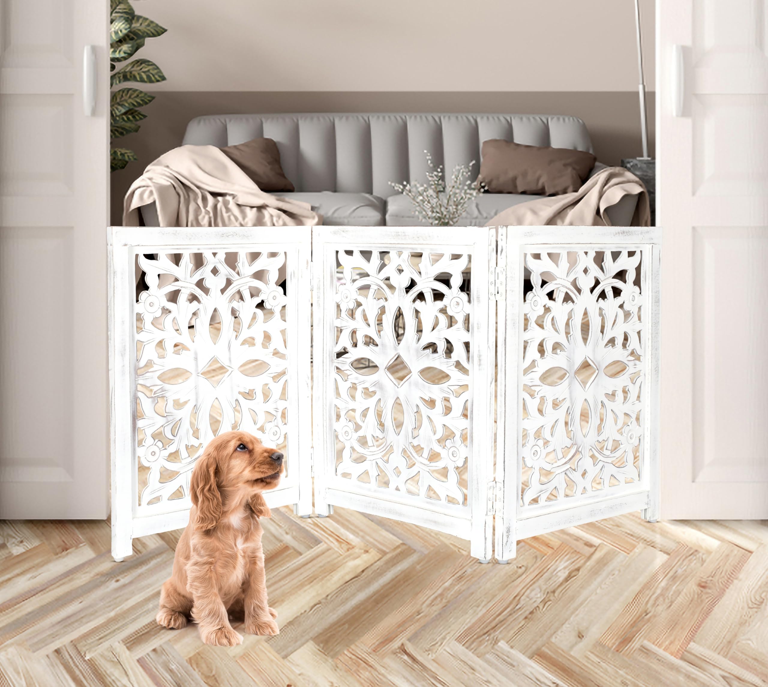 Lightnpro Foldable Carved Wooden Dog Gate - Freestanding Indoor